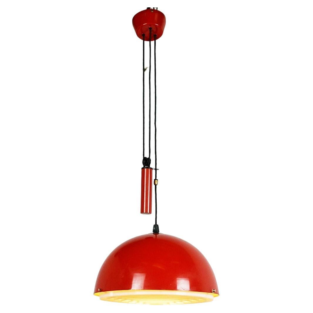 Red Italian Midcentury Metal and Brass Counterweight  Pendant Lamp For Sale