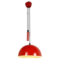 Red Italian Midcentury Metal and Brass Counterweight  Pendant Lamp
