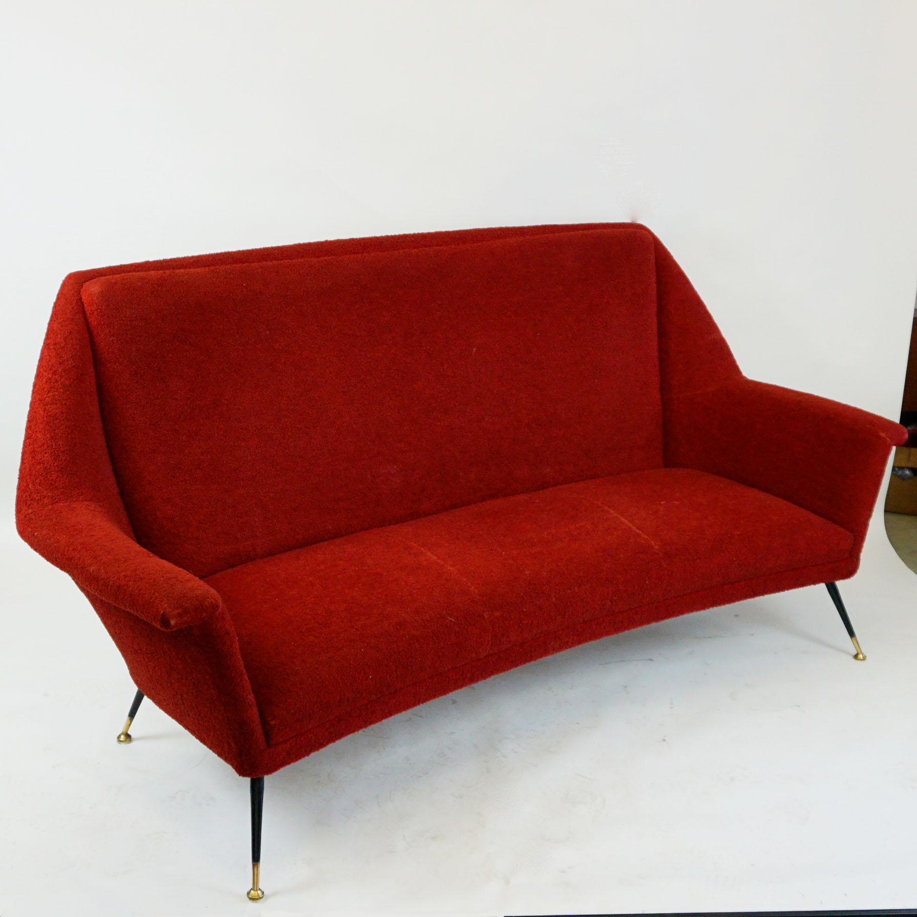 Red Italian Midcentury Three Seat Sofa with Brass Legs In Fair Condition In Vienna, AT