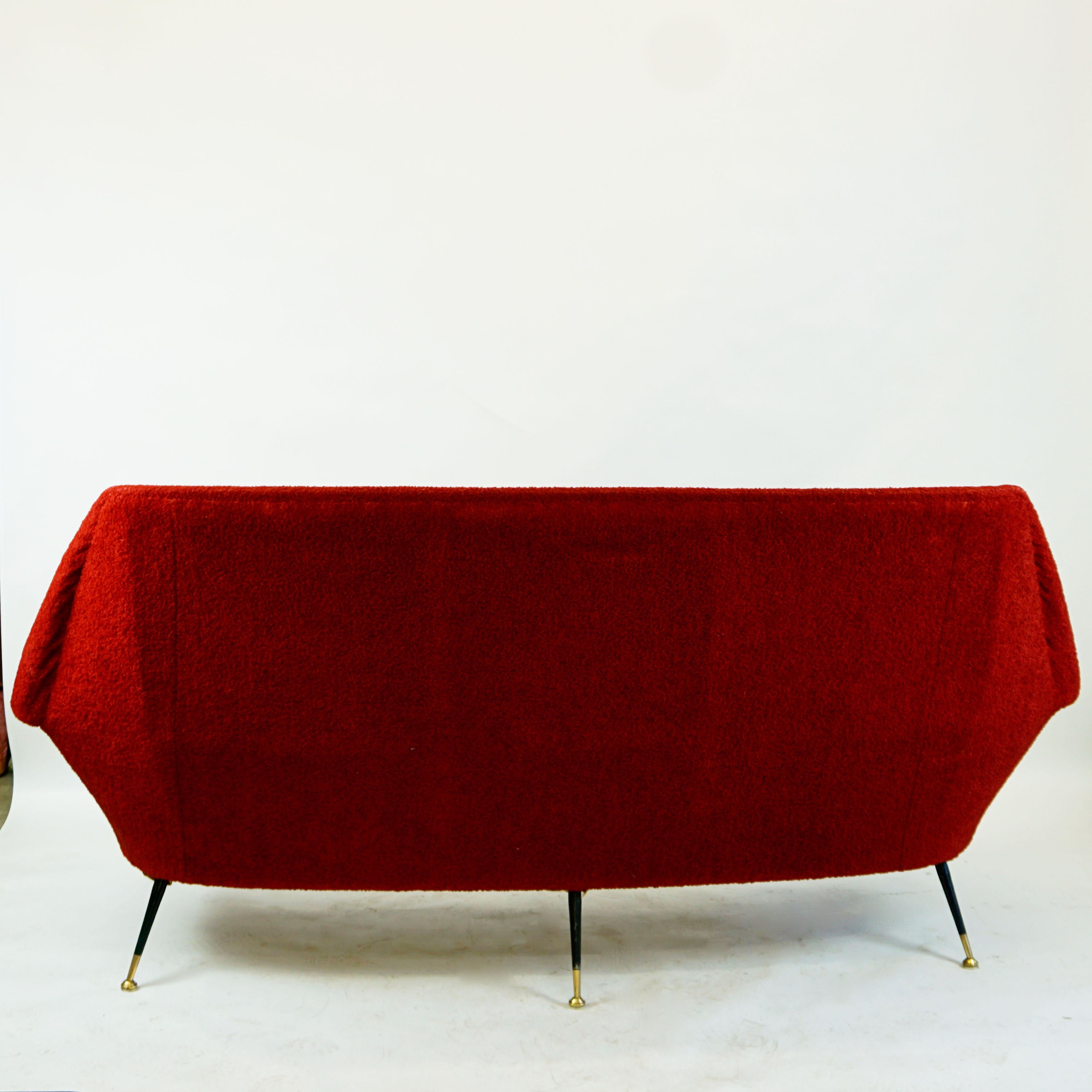 Red Italian Midcentury Three Seat Sofa with Brass Legs 1