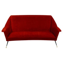Red Italian Midcentury Three Seat Sofa with Brass Legs