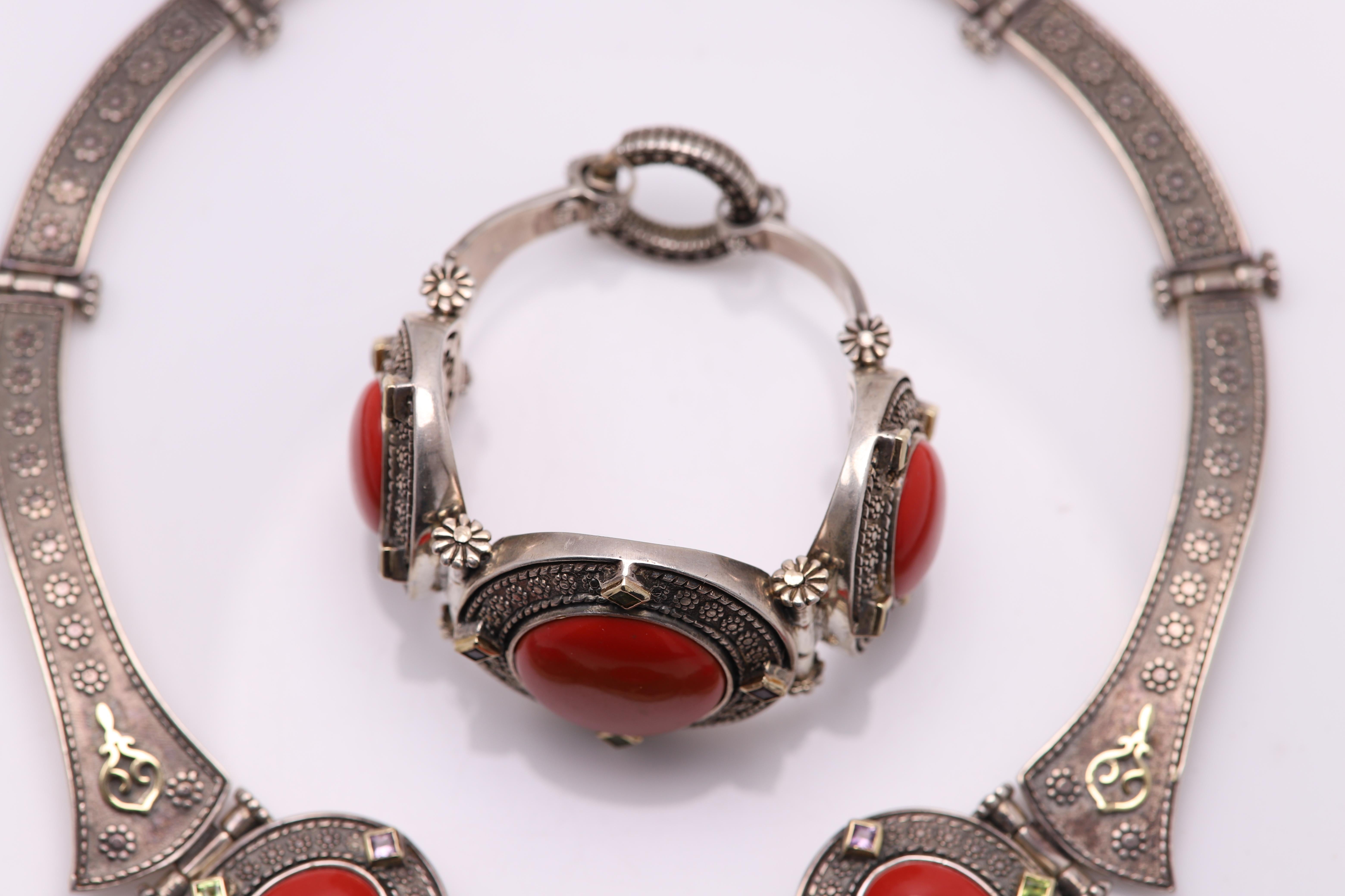Red Italian Victorian Gothic Style Necklace and Bracelet set Sterling Silver  For Sale 1