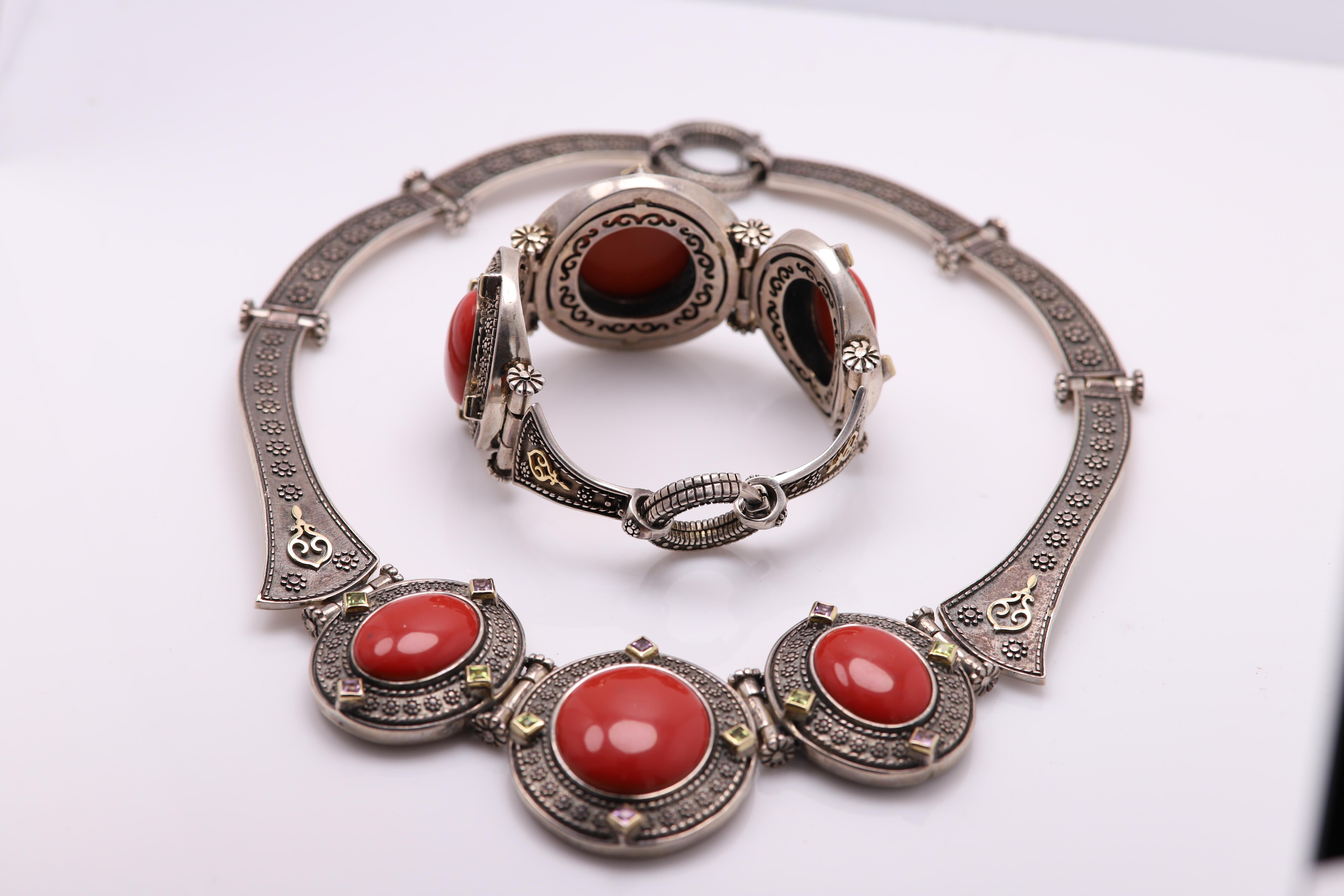 Red Italian Victorian Gothic Style Necklace and Bracelet set Sterling Silver  For Sale 2