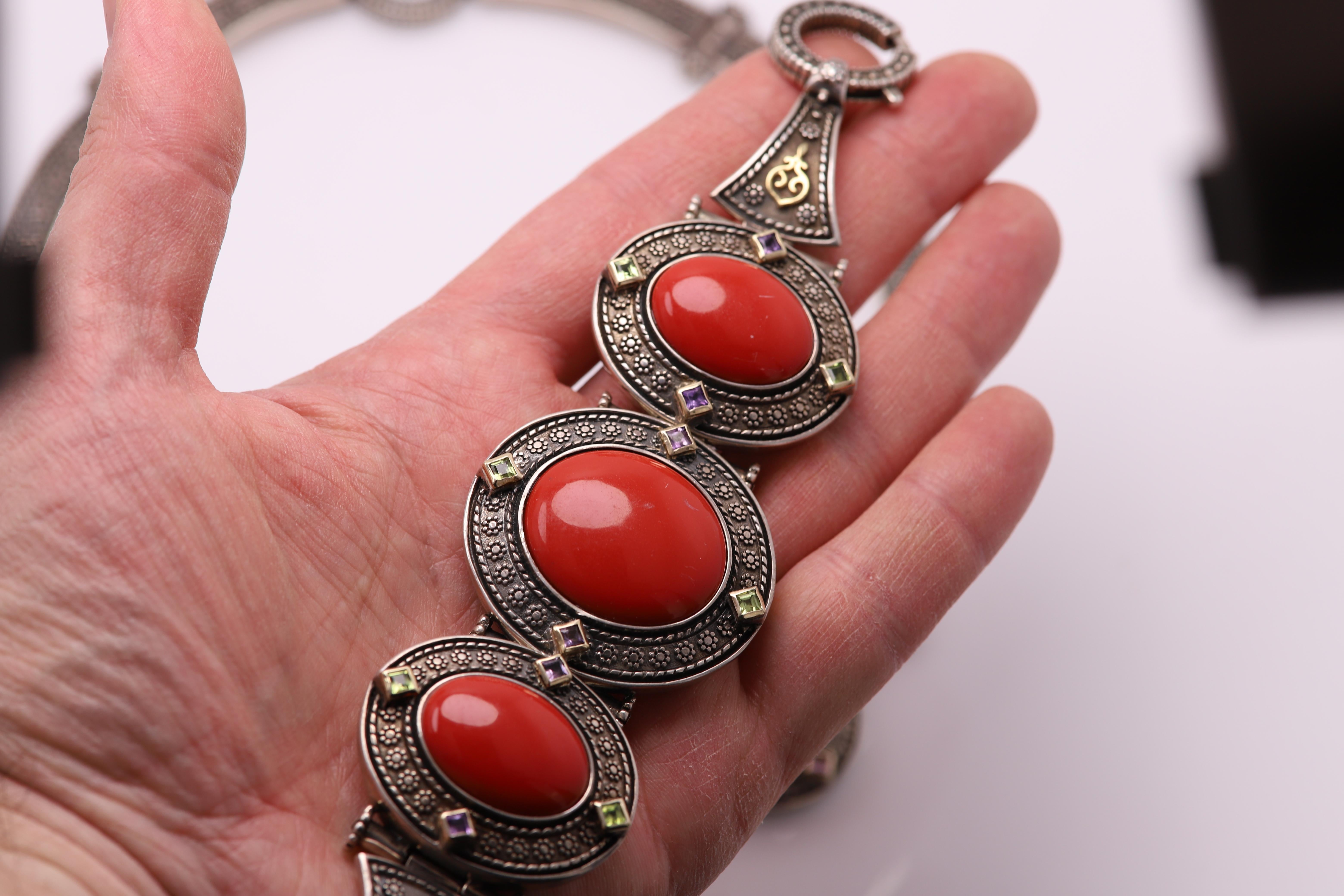 Red Italian Victorian Gothic Style Necklace and Bracelet set Sterling Silver  For Sale 3