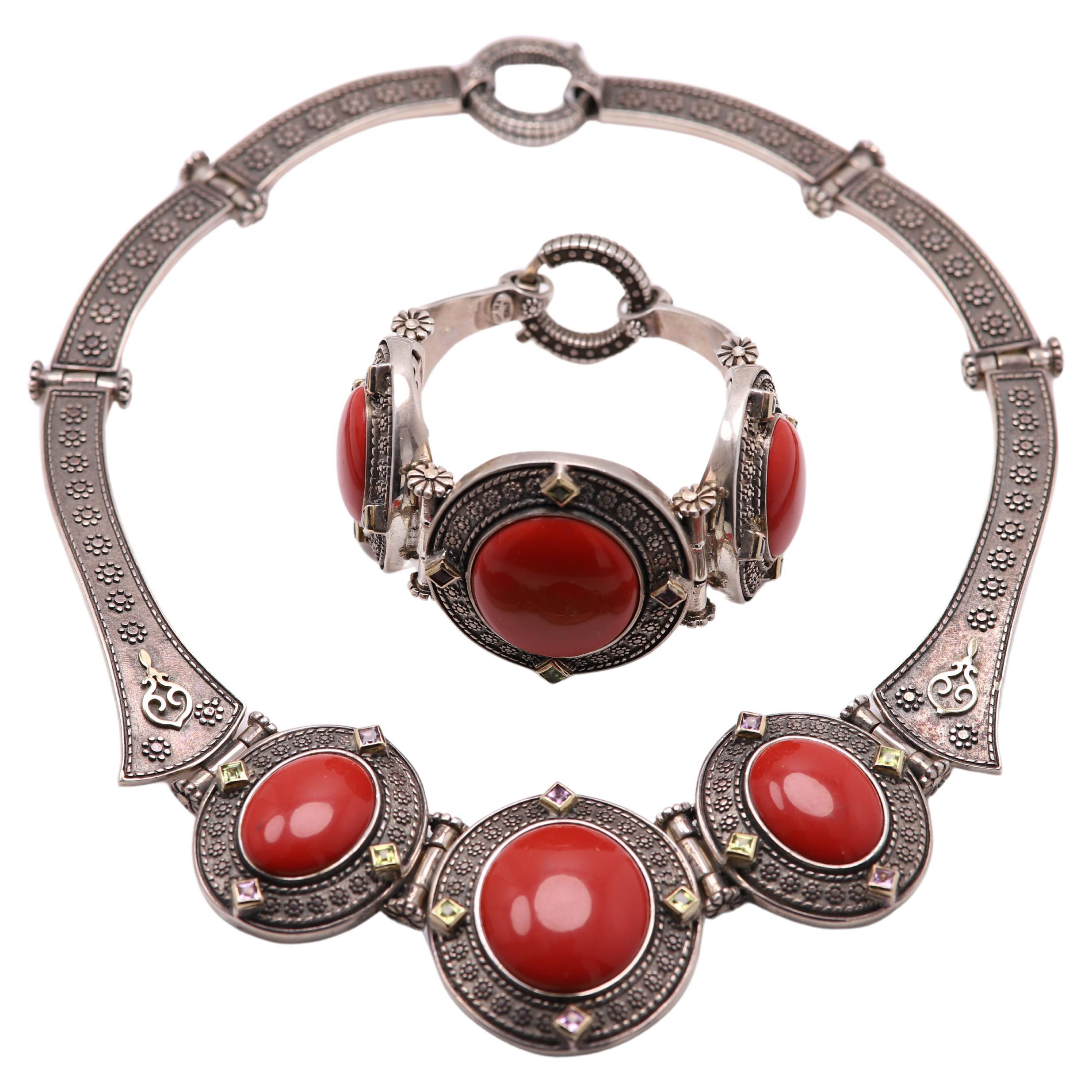 Red Italian Victorian Gothic Style Necklace and Bracelet set Sterling Silver  For Sale