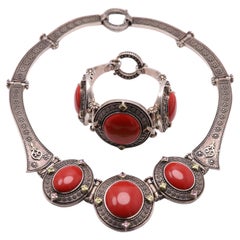Red Italian Victorian Gothic Style Necklace and Bracelet set Sterling Silver 