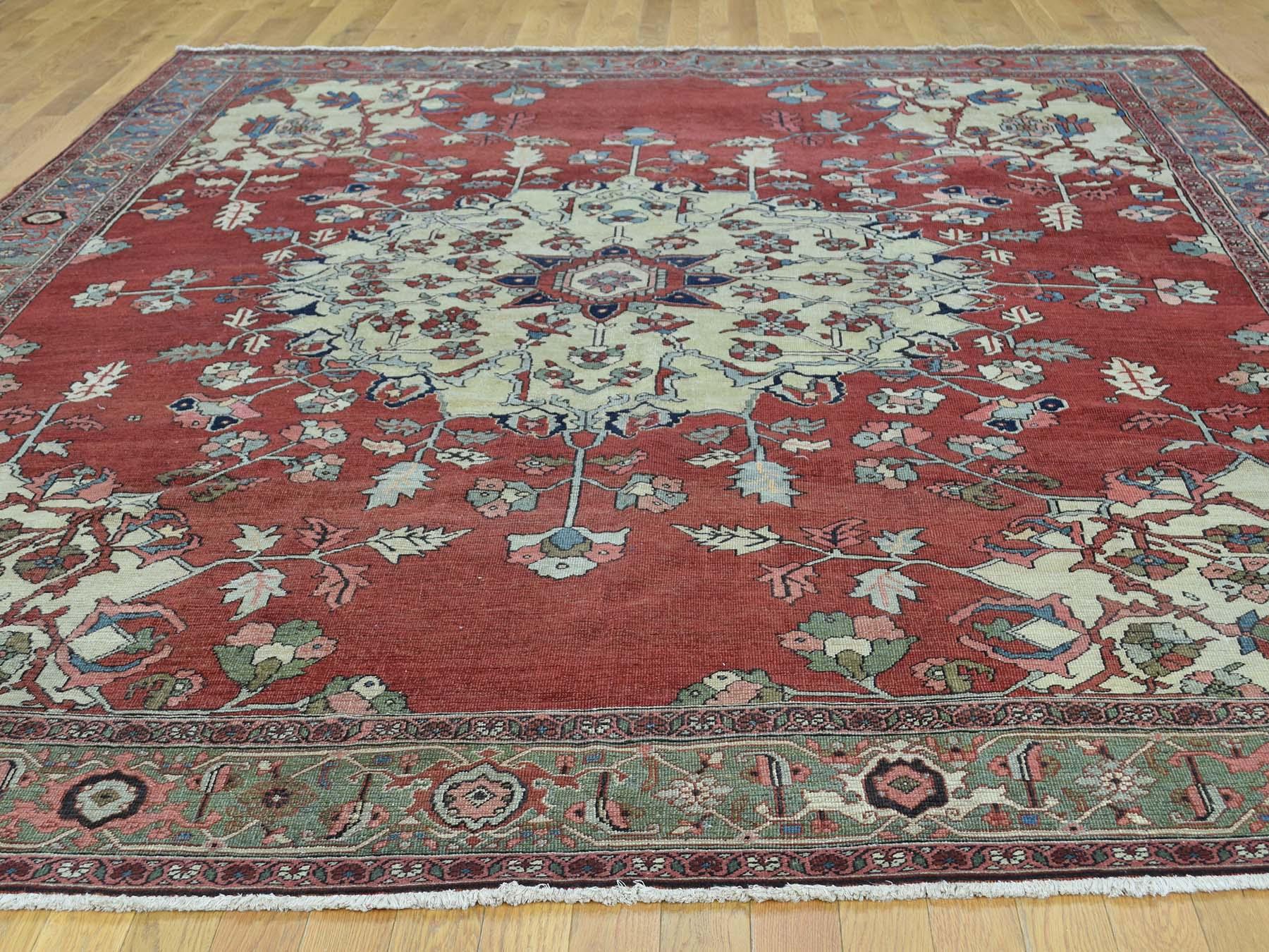 Hand-Knotted Red/Ivory 1880 Antique Hand Knotted Persian Serapi Rug For Sale