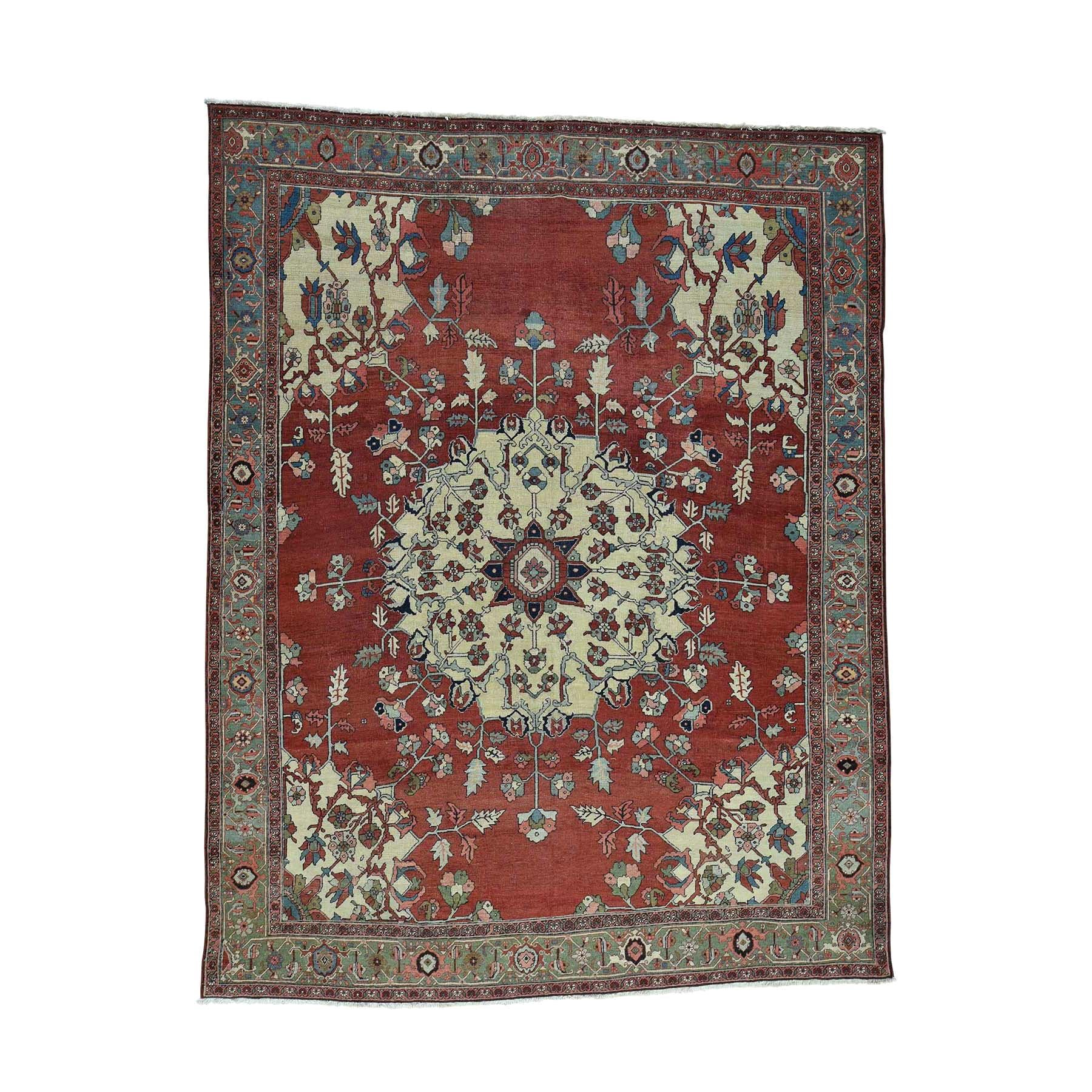 Red/Ivory 1880 Antique Hand Knotted Persian Serapi Rug