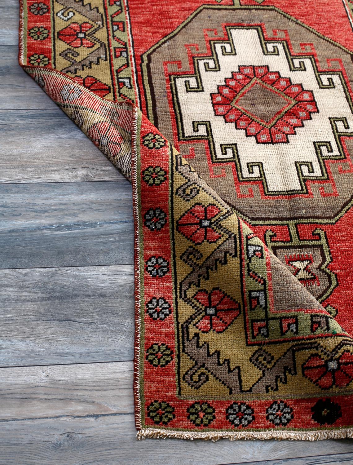 Oushak Red, Ivory and Green Handmade Wool Turkish Old Anatolian Konya Distressed Rug For Sale