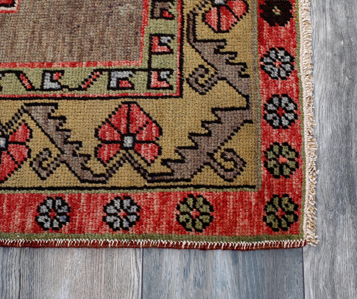 Hand-Knotted Red, Ivory and Green Handmade Wool Turkish Old Anatolian Konya Distressed Rug For Sale