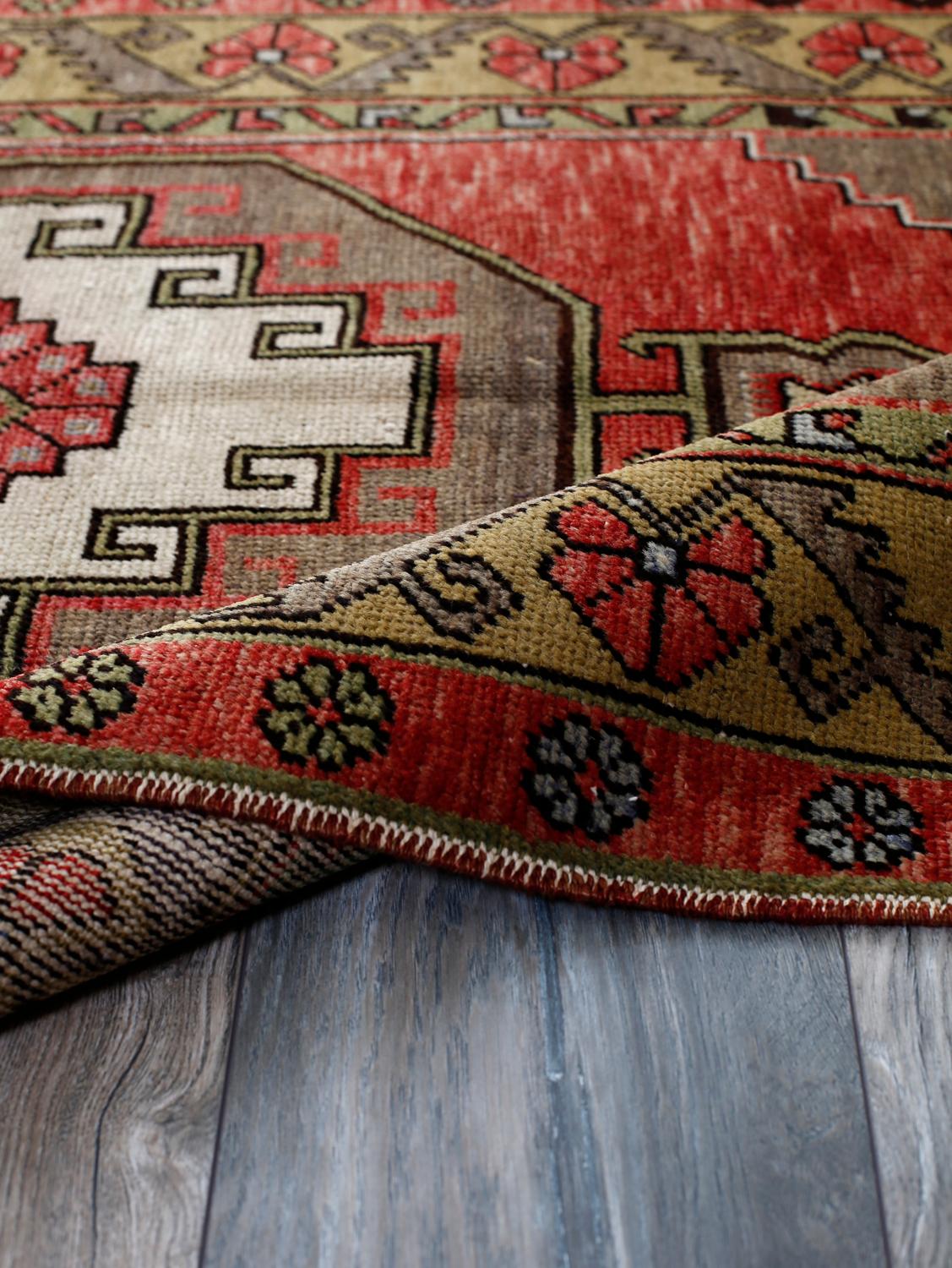 Mid-20th Century Red, Ivory and Green Handmade Wool Turkish Old Anatolian Konya Distressed Rug For Sale