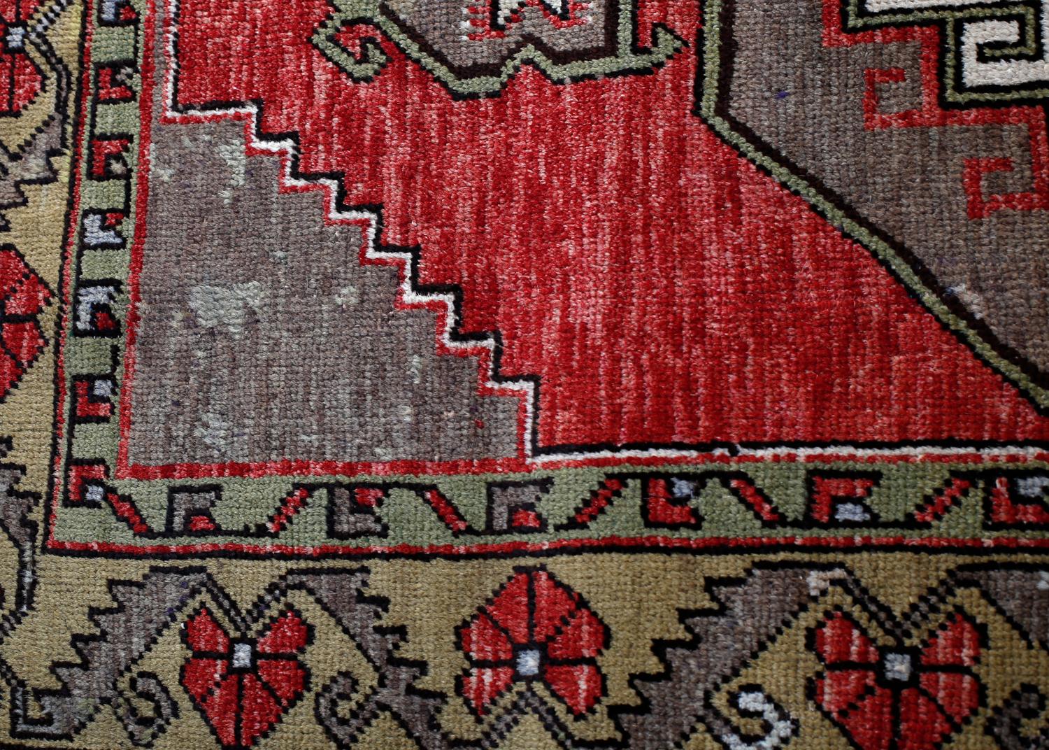 Red, Ivory and Green Handmade Wool Turkish Old Anatolian Konya Distressed Rug For Sale 1