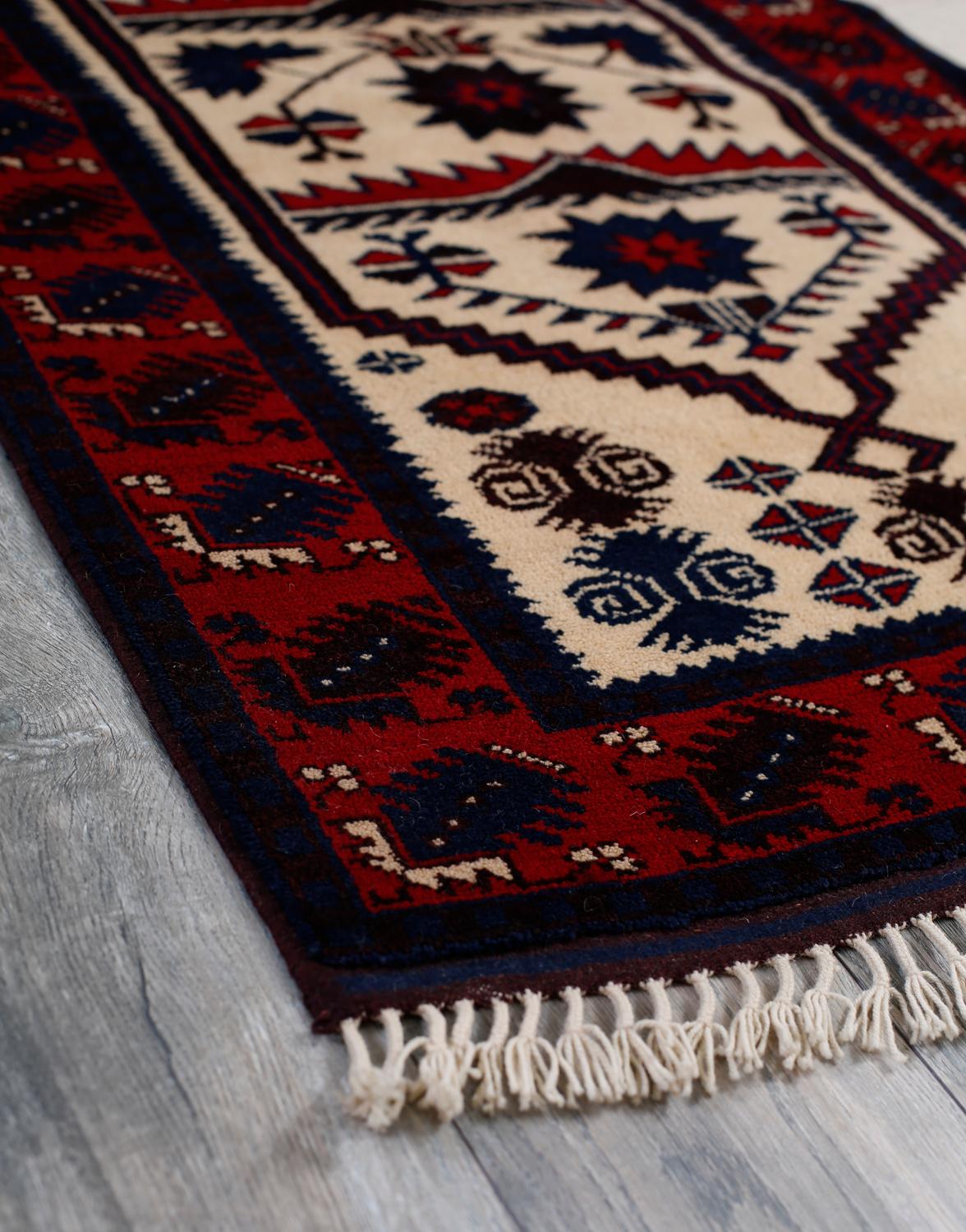 Oushak Red, Ivory and Navy Handmade Wool Turkish Old Anatolian Konya Distressed Rug For Sale