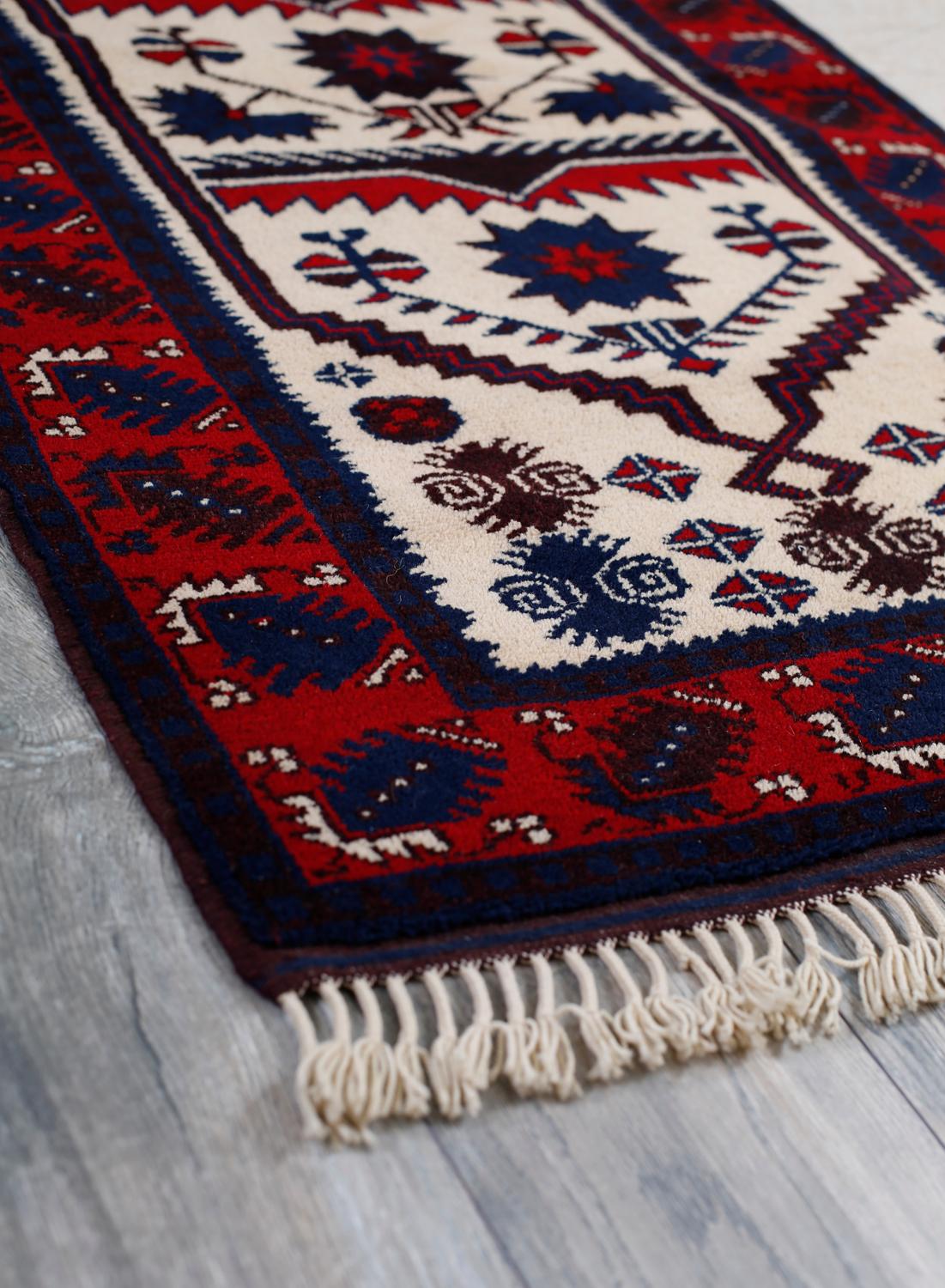 Hand-Knotted Red, Ivory and Navy Handmade Wool Turkish Old Anatolian Konya Distressed Rug For Sale