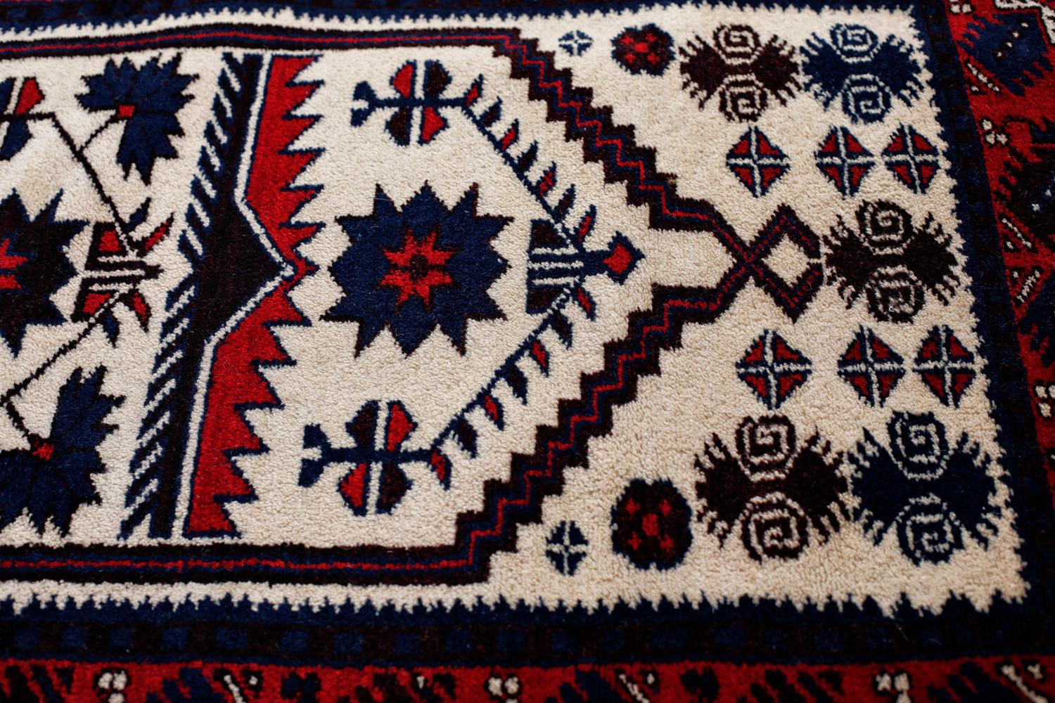 Mid-20th Century Red, Ivory and Navy Handmade Wool Turkish Old Anatolian Konya Distressed Rug For Sale