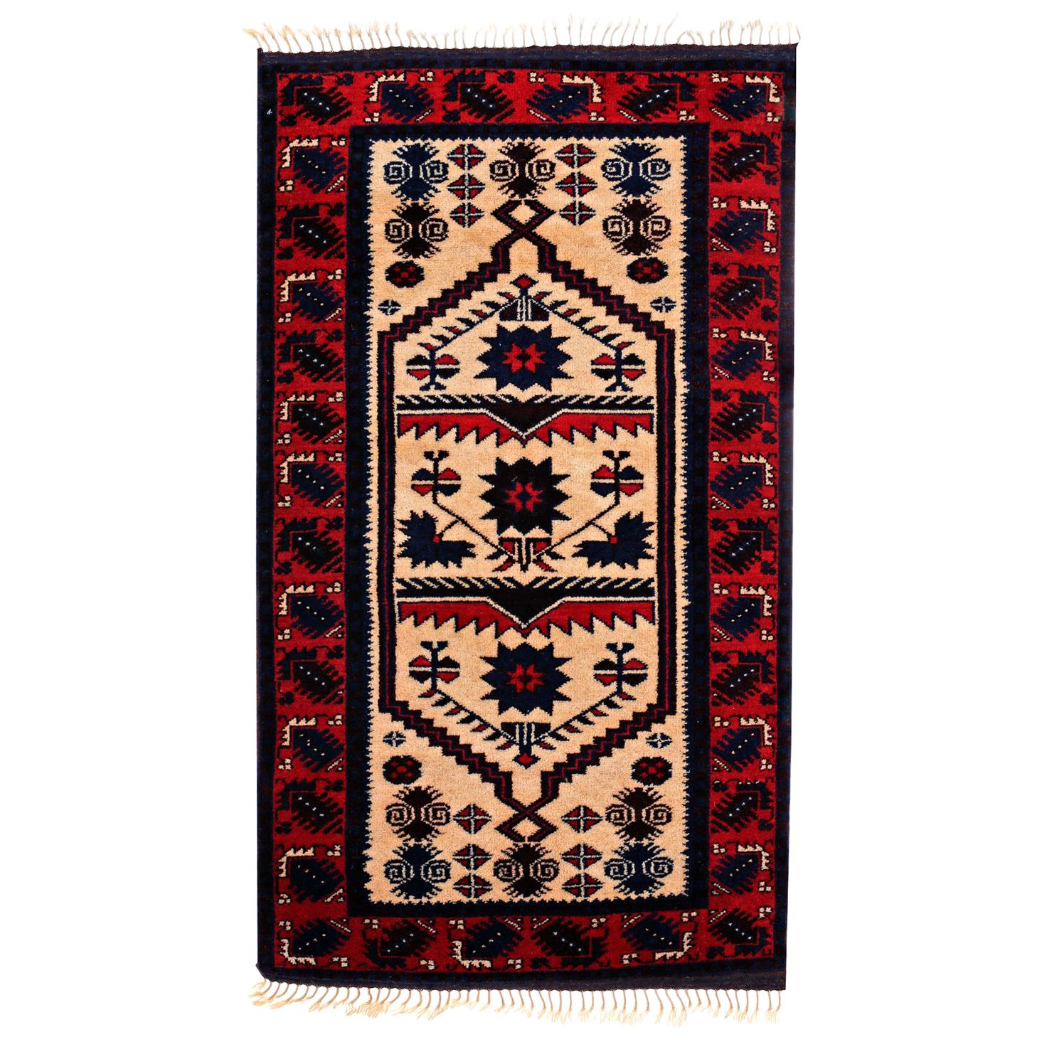 Red, Ivory and Navy Handmade Wool Turkish Old Anatolian Konya Distressed Rug For Sale