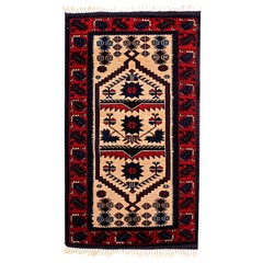 Red, Ivory and Navy Handmade Wool Turkish Old Anatolian Konya Distressed Rug