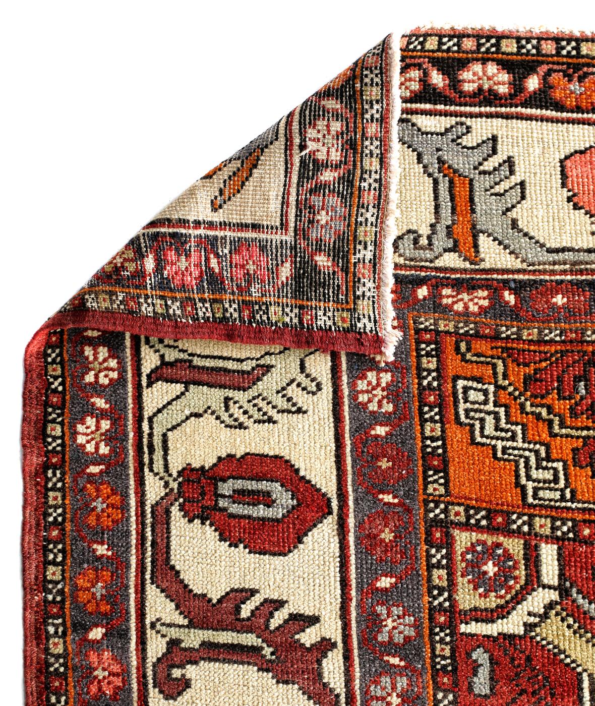 Hand-Knotted Red, Ivory and Purple Handmade Wool Turkish Old Anatolian Konya Distressed Rug For Sale