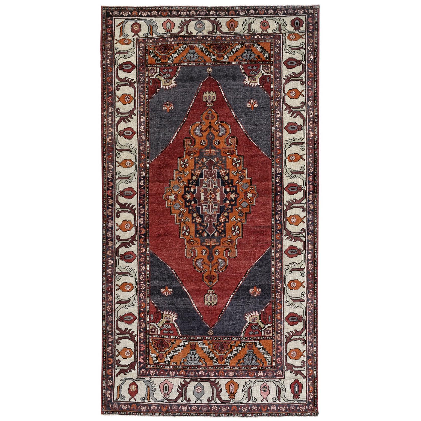 Red, Ivory and Purple Handmade Wool Turkish Old Anatolian Konya Distressed Rug For Sale