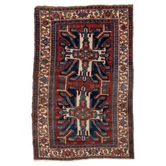 Red Ivory Navy Blue Tribal Geometric Caucasian Kazak Rug c. 1940