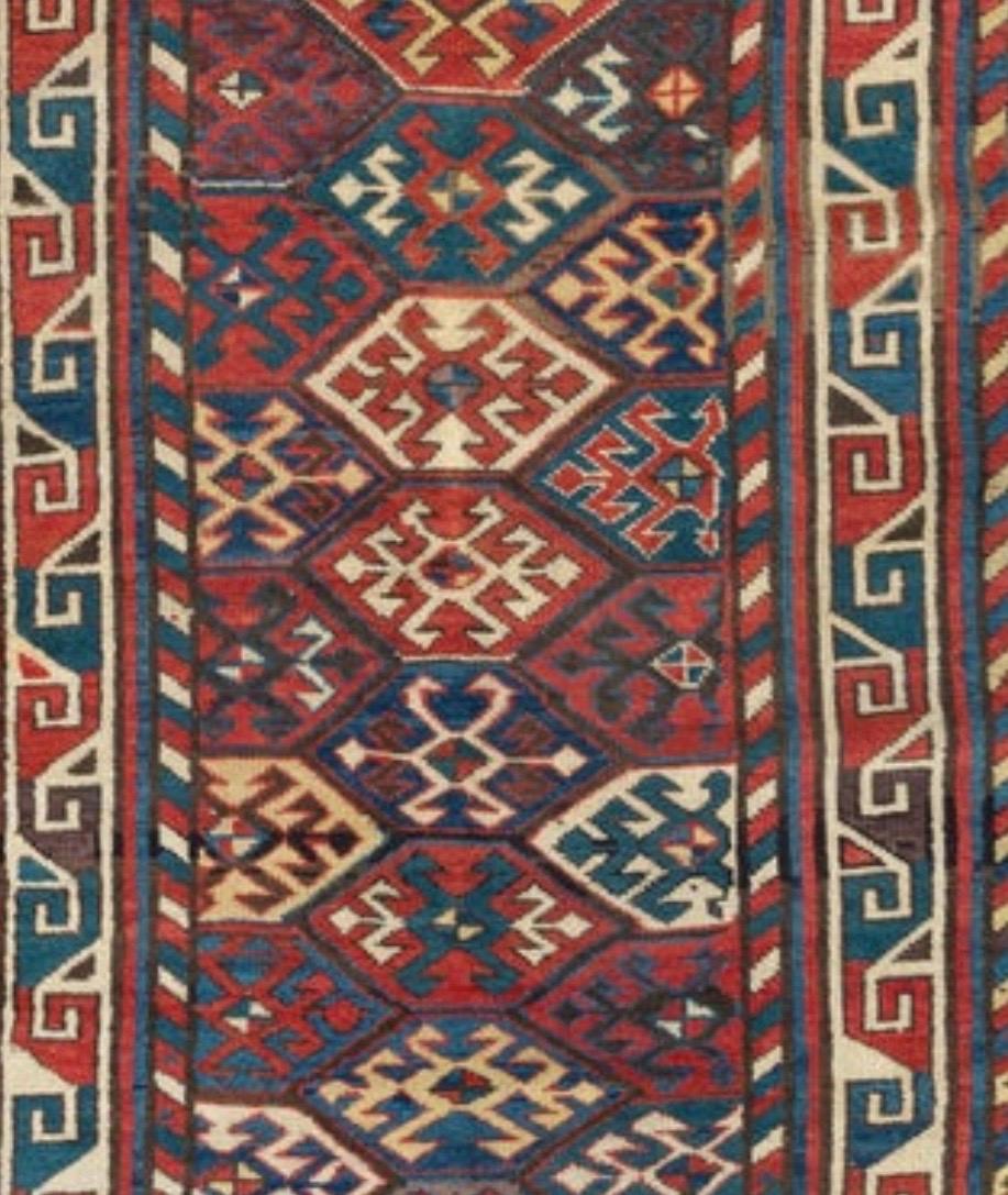 Red Ivory Navy Blue Tribal Geometric Caucasian Kazak Rug, circa 1880-1900 In Good Condition For Sale In New York, NY