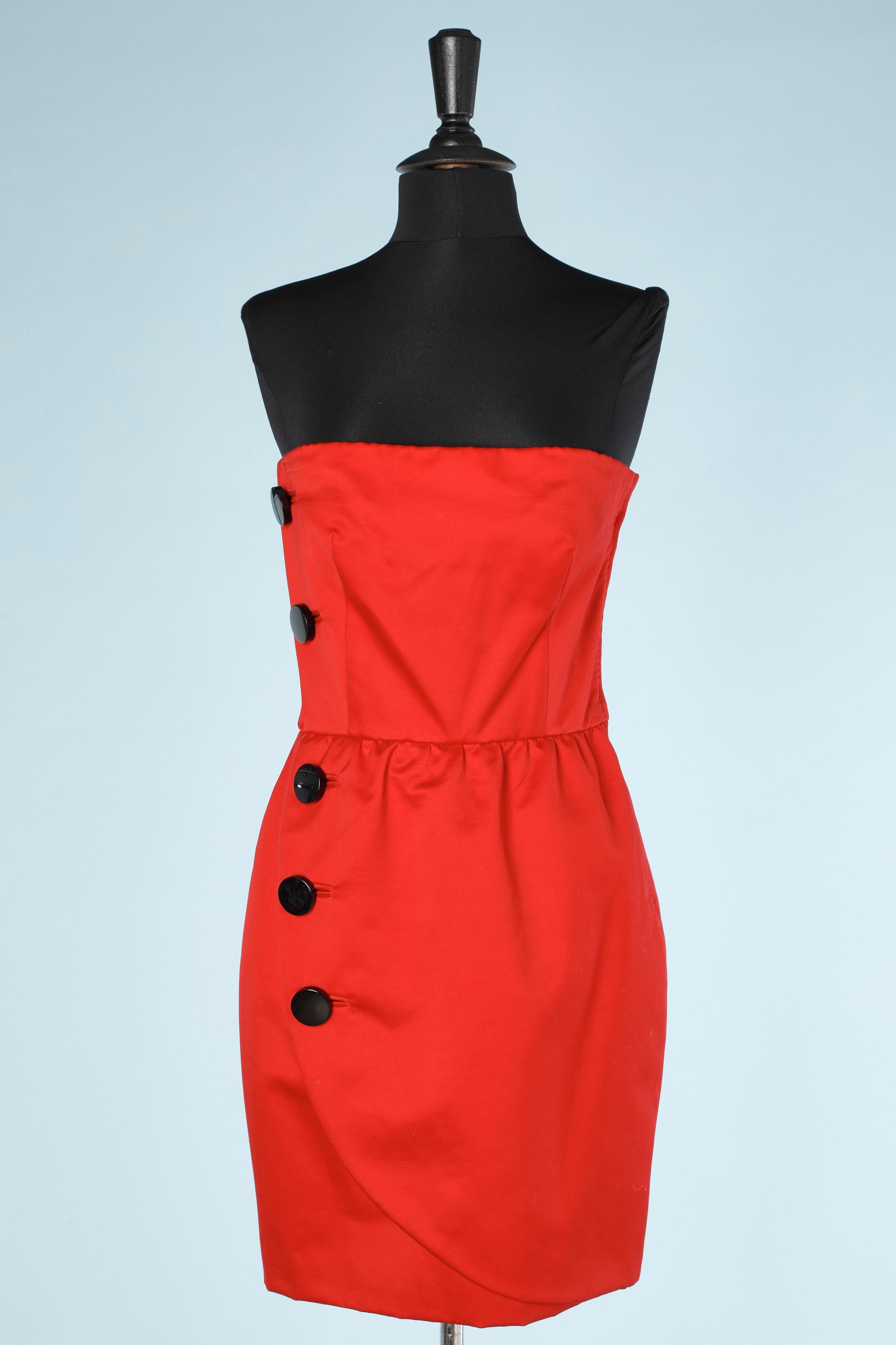 Red jacket and wrap bustier dress ensemble with black buttons Renata Circa 1980 For Sale 3