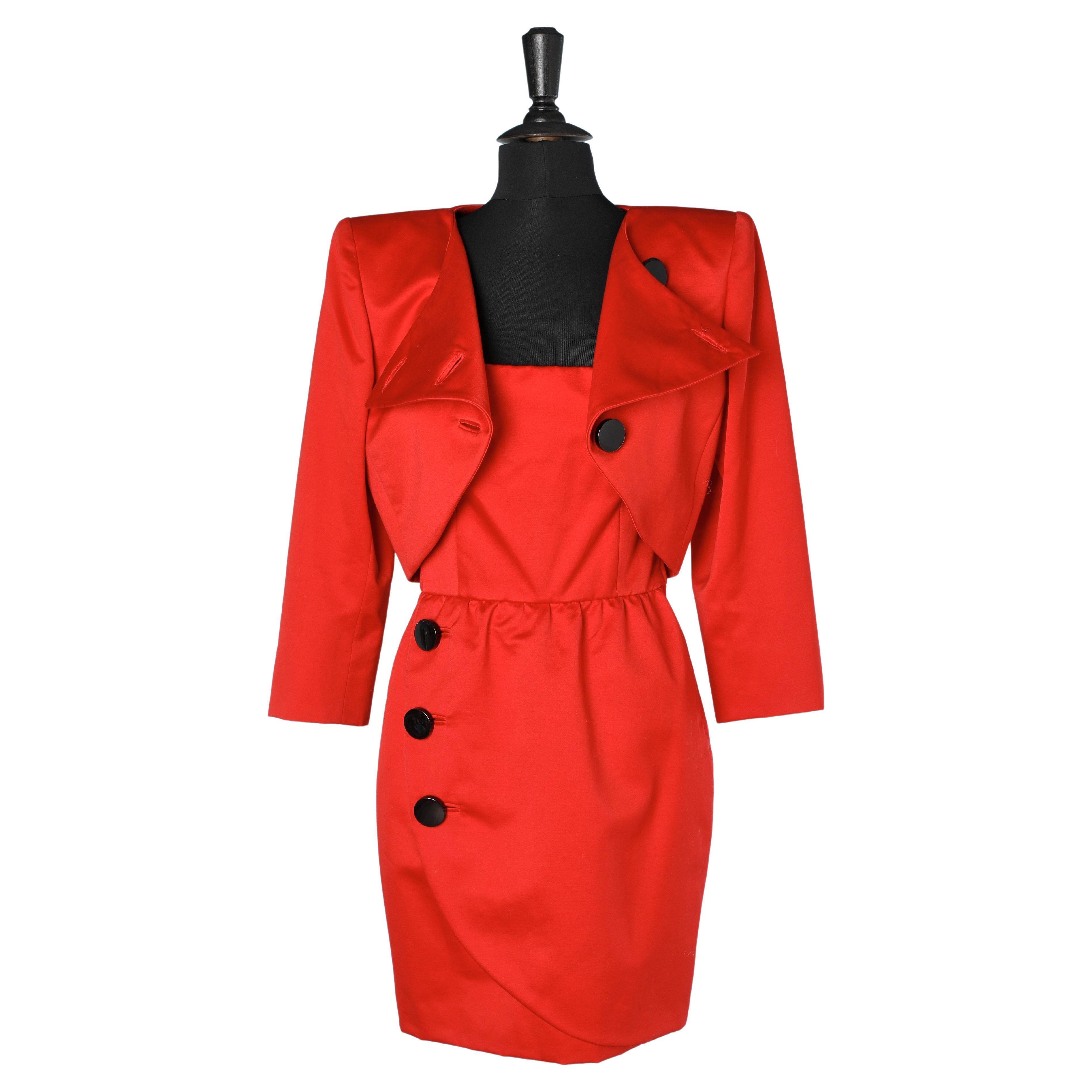 Red jacket and wrap bustier dress ensemble with black buttons Renata Circa 1980 For Sale