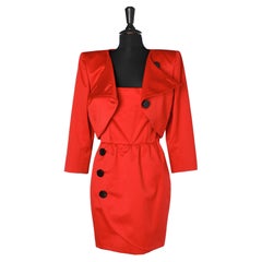 Ensemble veste rouge et robe bustier enveloppante avec boutons noirs Renata Circa 1980