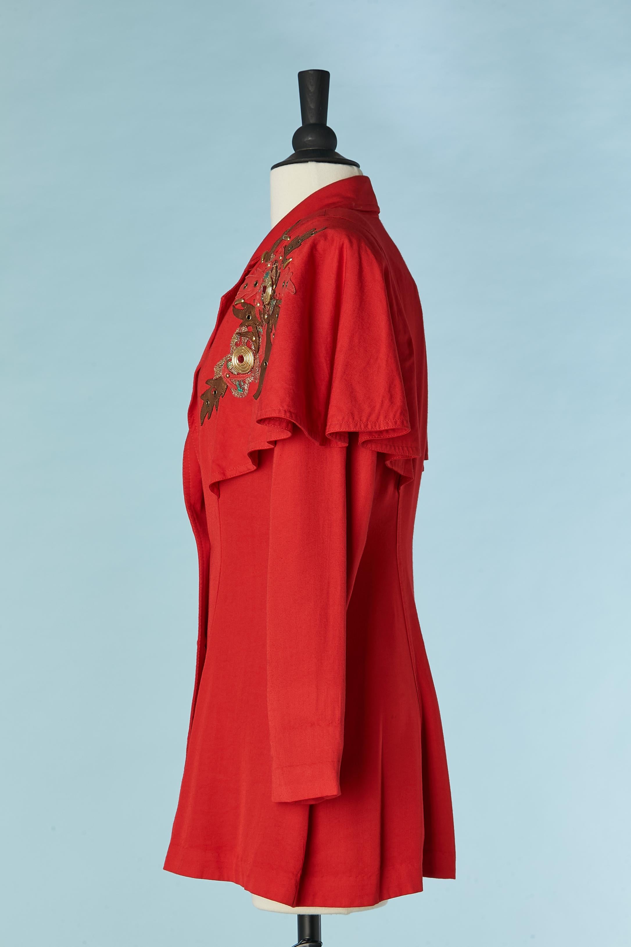 Women's Red jacket with mini cape and leather and eyelet appliqué IIF Circa 1980's For Sale