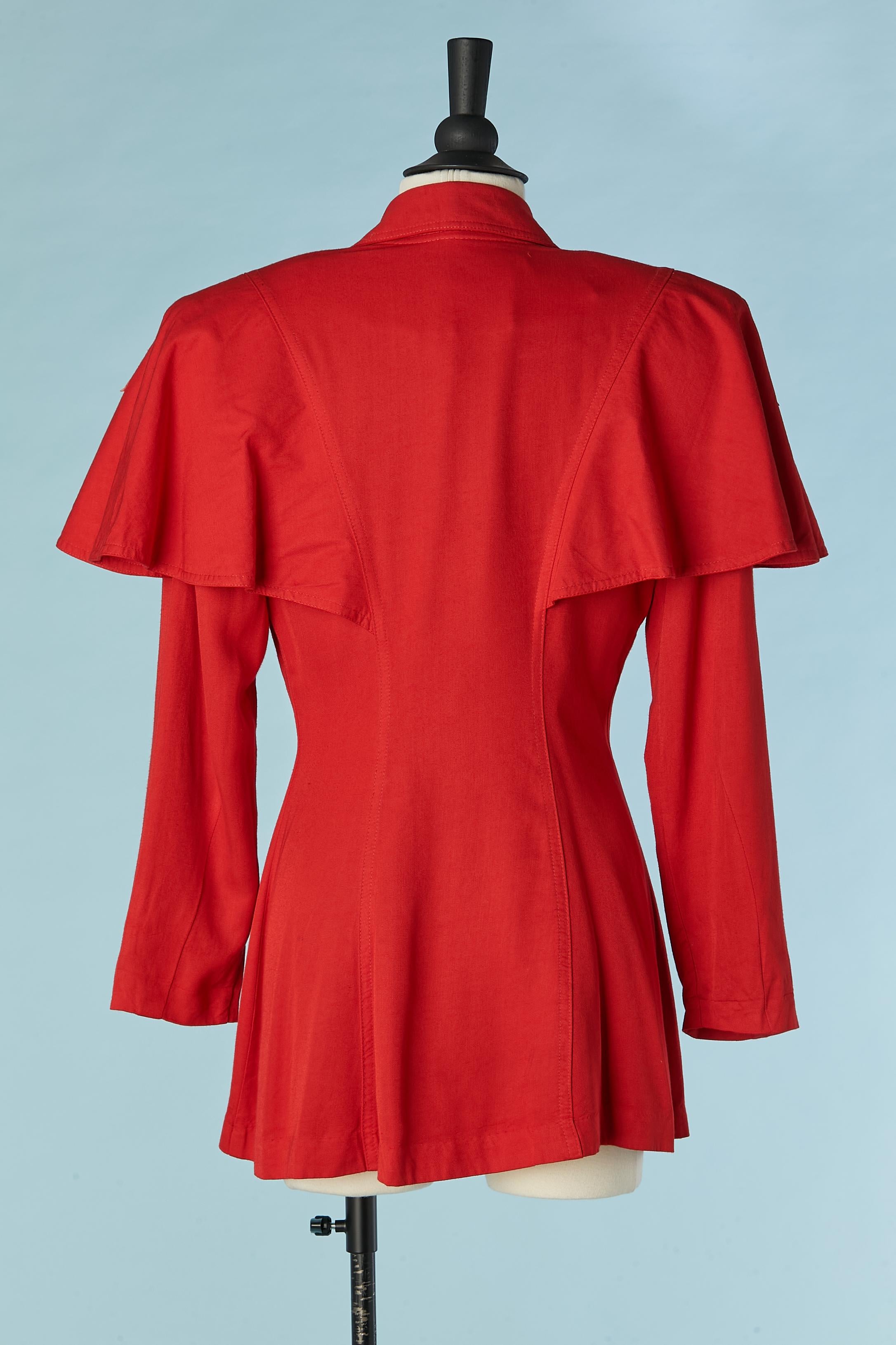 Red jacket with mini cape and leather and eyelet appliqué IIF Circa 1980's For Sale 1
