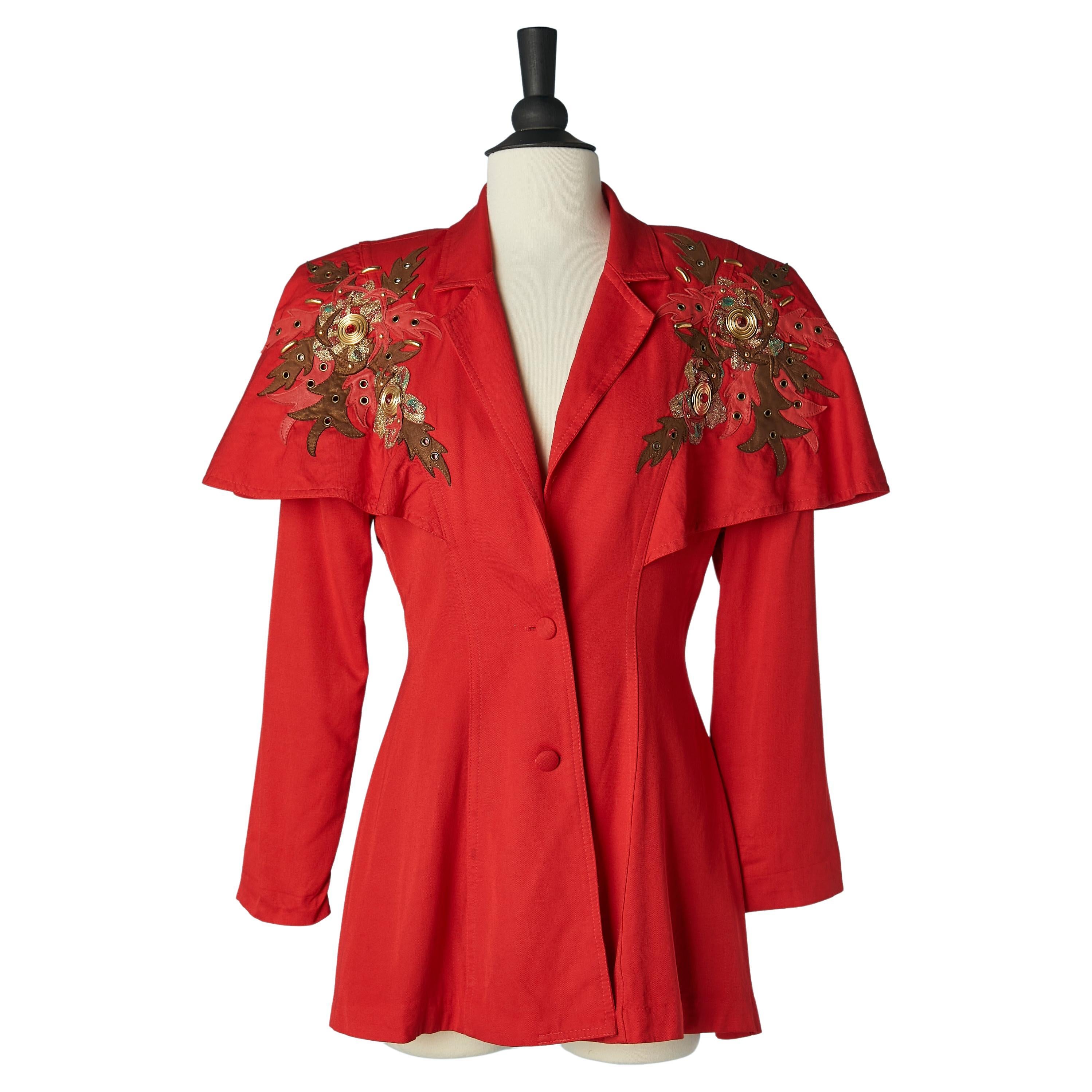 Red jacket with mini cape and leather and eyelet appliqué IIF Circa 1980's  For Sale