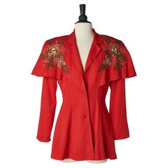 Vintage Red jacket with mini cape and leather and eyelet appliqué IIF Circa 1980's 
