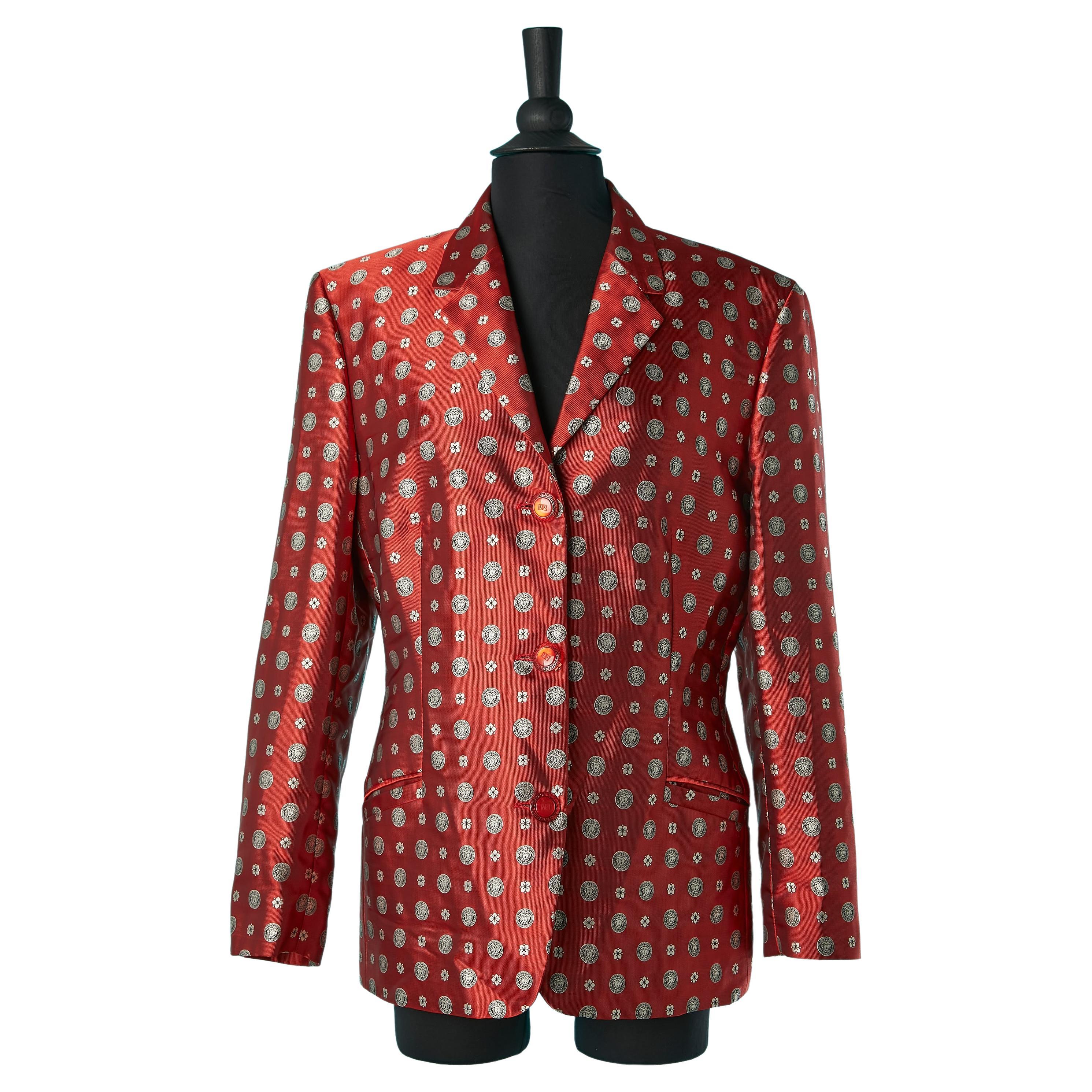 Red jacquard jacket with Medusa and flower pattern V2 Versace Classic  For Sale