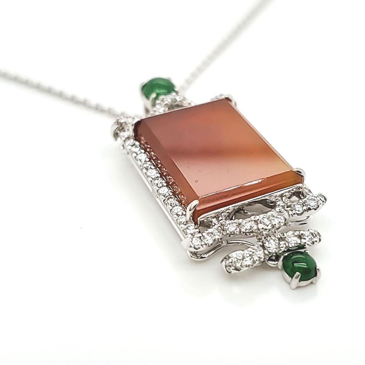 Red Jade and Diamond Cts 0.79 Pendant Necklace With 18k White Gold Chain In New Condition For Sale In Hong Kong, HK
