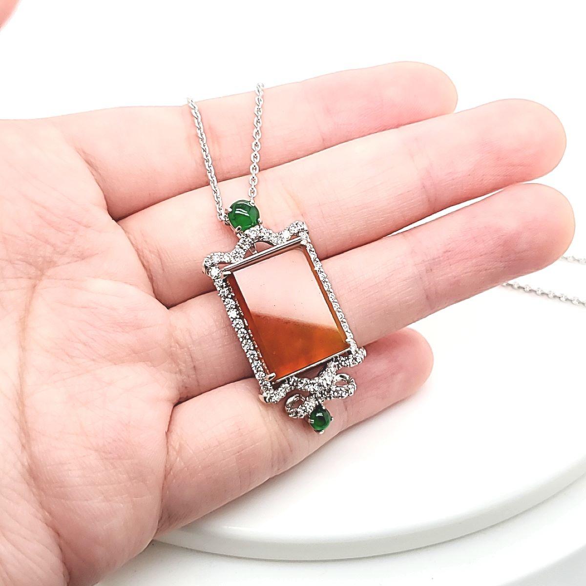 Red Jade and Diamond Cts 0.79 Pendant Necklace With 18k White Gold Chain For Sale 1