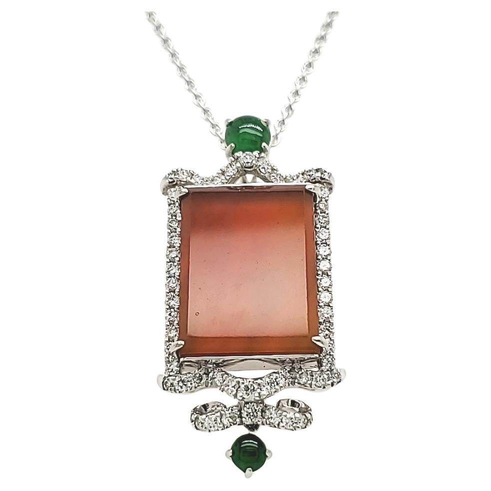 Red Jade and Diamond Cts 0.79 Pendant Necklace With 18k White Gold Chain For Sale