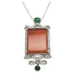 Red Jade and Diamond Cts 0.79 Pendant Necklace With 18k White Gold Chain