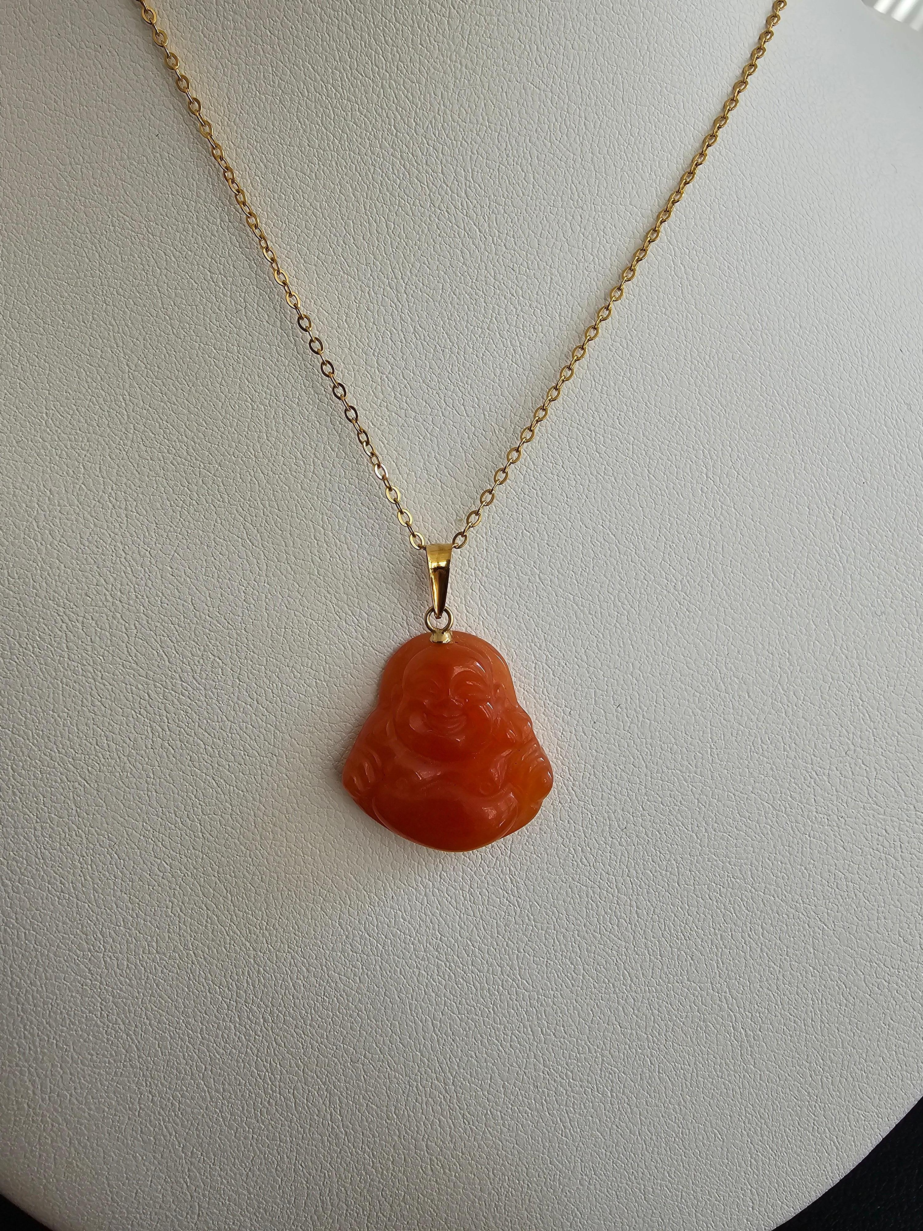 Women's or Men's Red Jade Hong Laughing Buddha Pendant (With 14K Yellow Gold) For Sale
