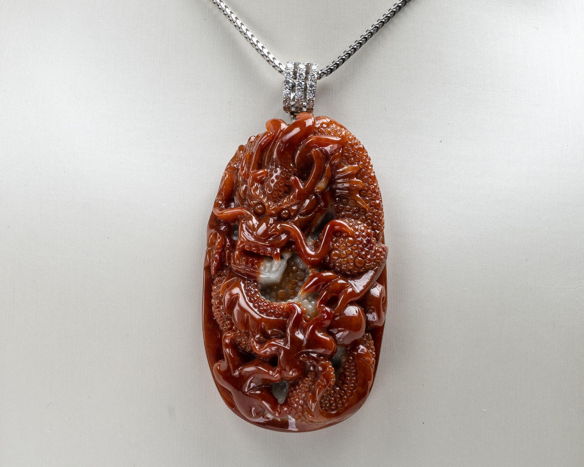 Rough Cut Red Jadeite Jade Dragon and Diamond Pendant, Certified Untreated