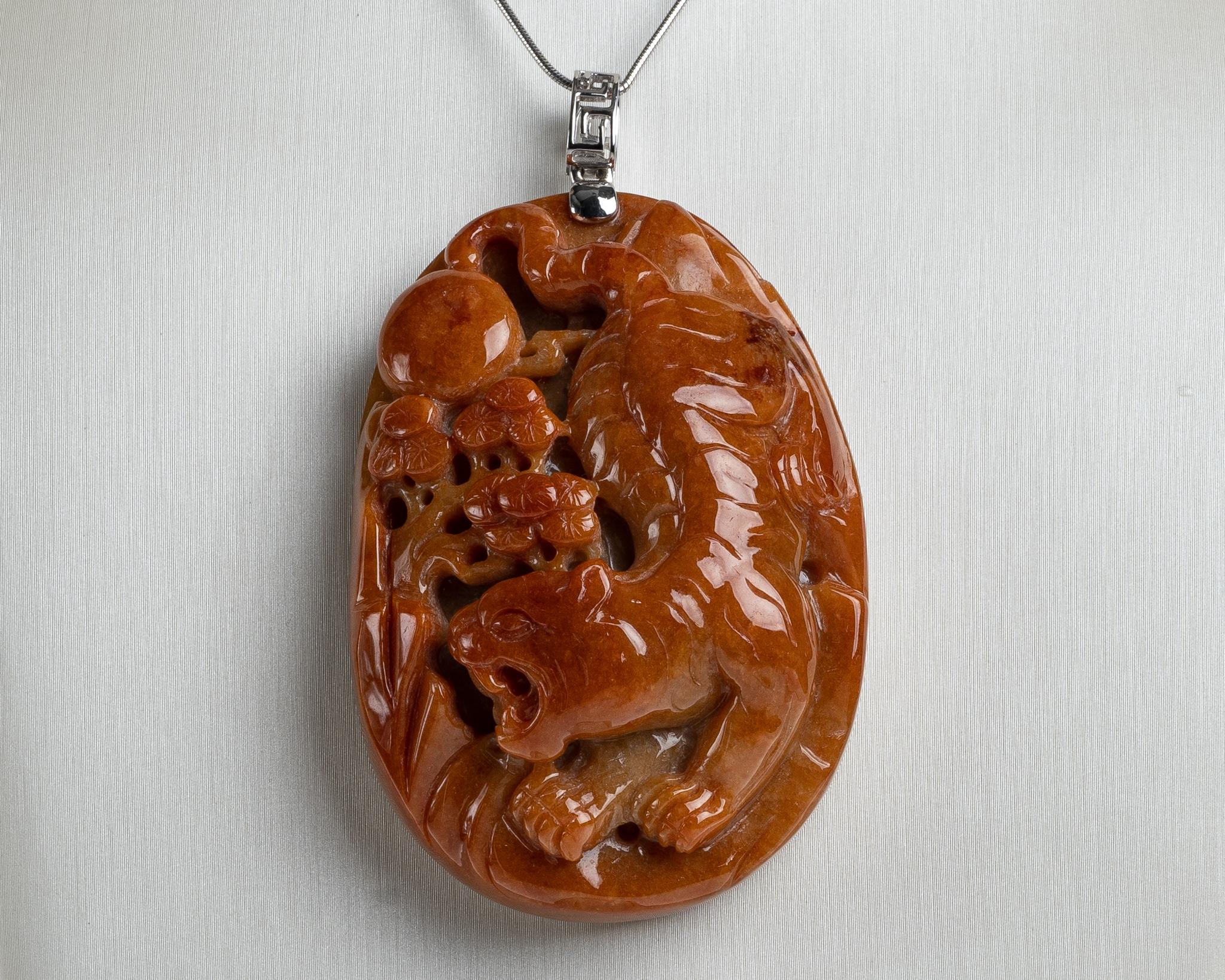 Rough Cut Red Jadeite Jade Tiger Pendant, Certified Untreated For Sale
