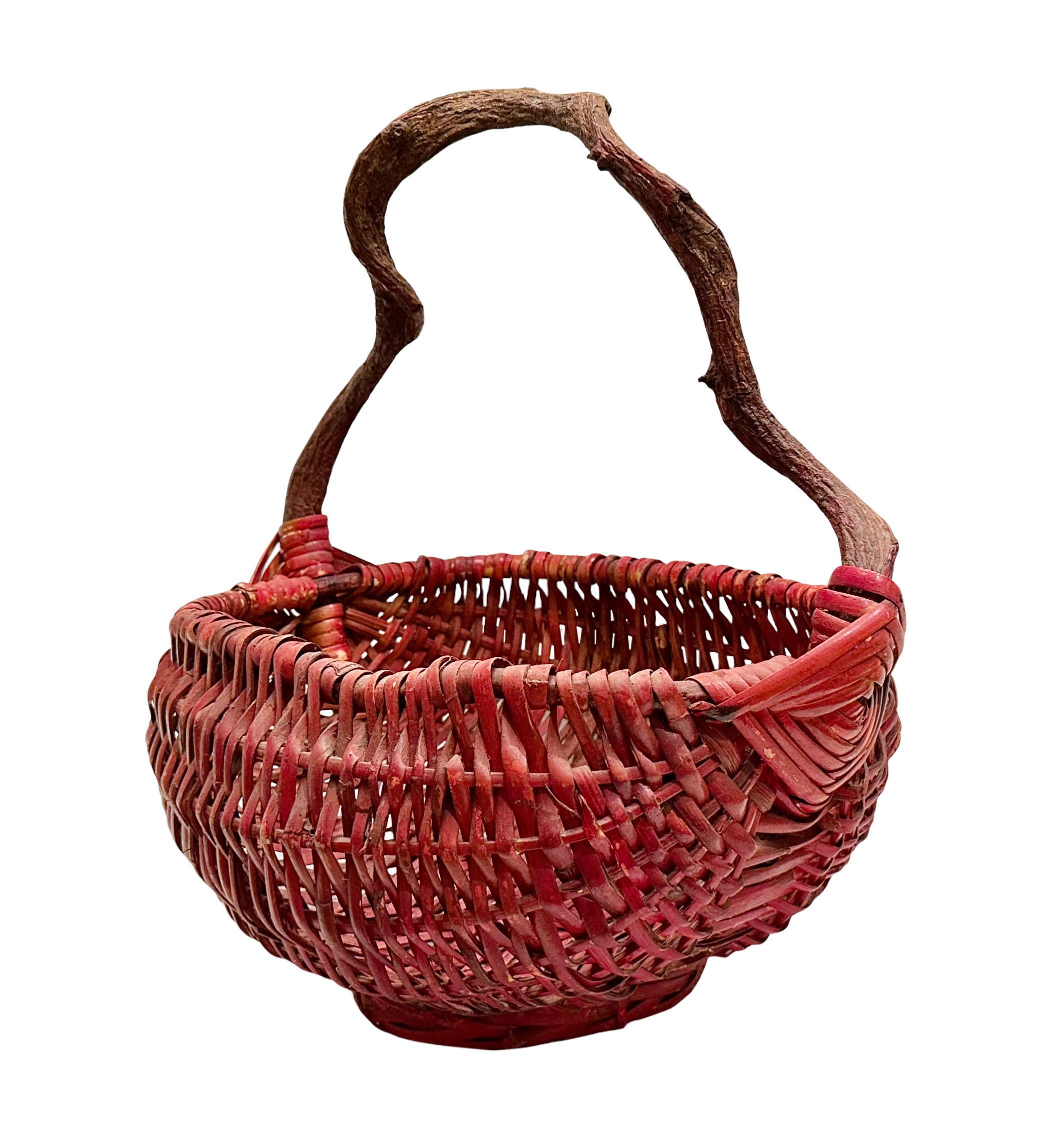 Early 20th Century Red Japanese Basket With Wooden Handle For Sale