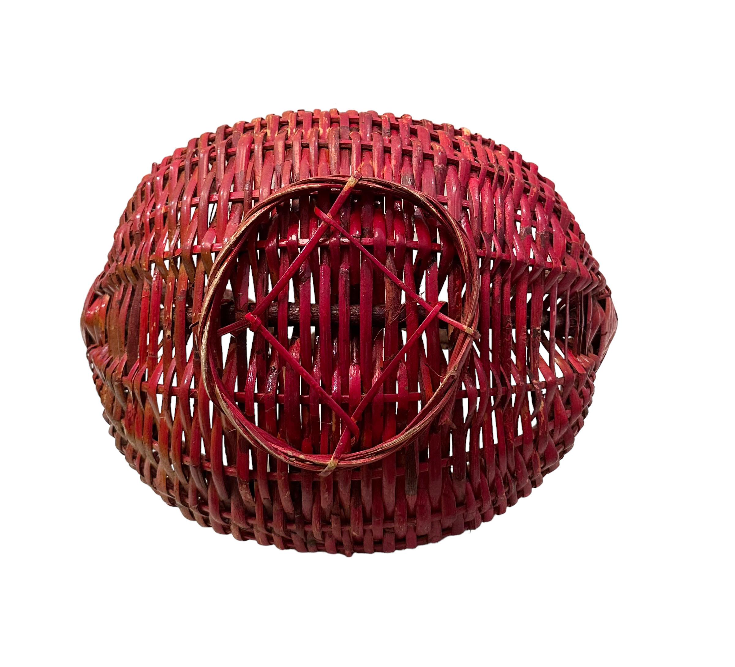 Straw Red Japanese Basket With Wooden Handle For Sale