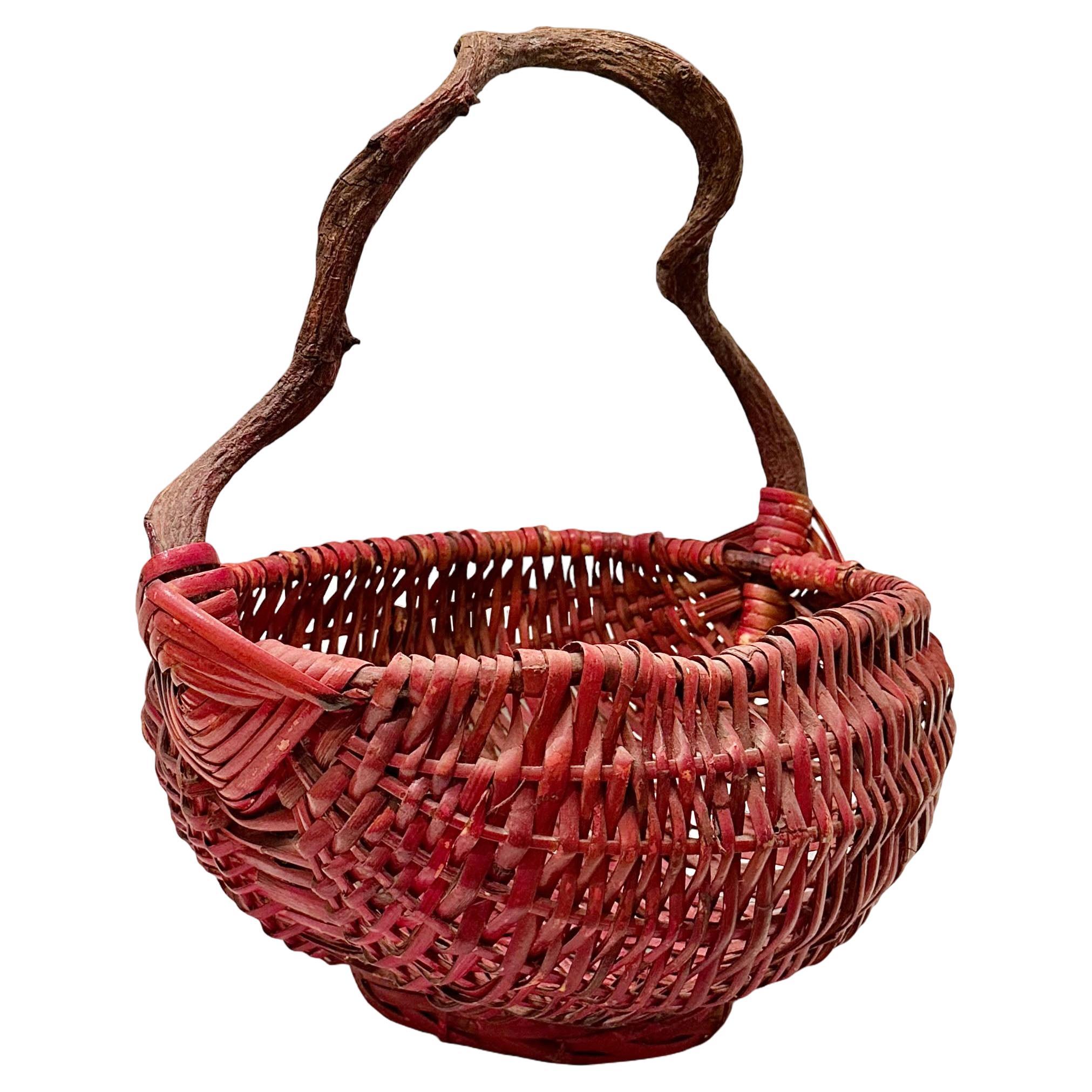 Red Japanese Basket With Wooden Handle For Sale