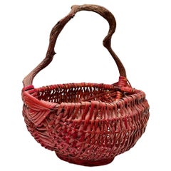 Antique Red Japanese Basket With Wooden Handle