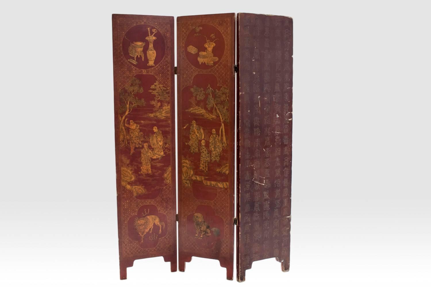 Red Japanese lacquer four panels folding screen 