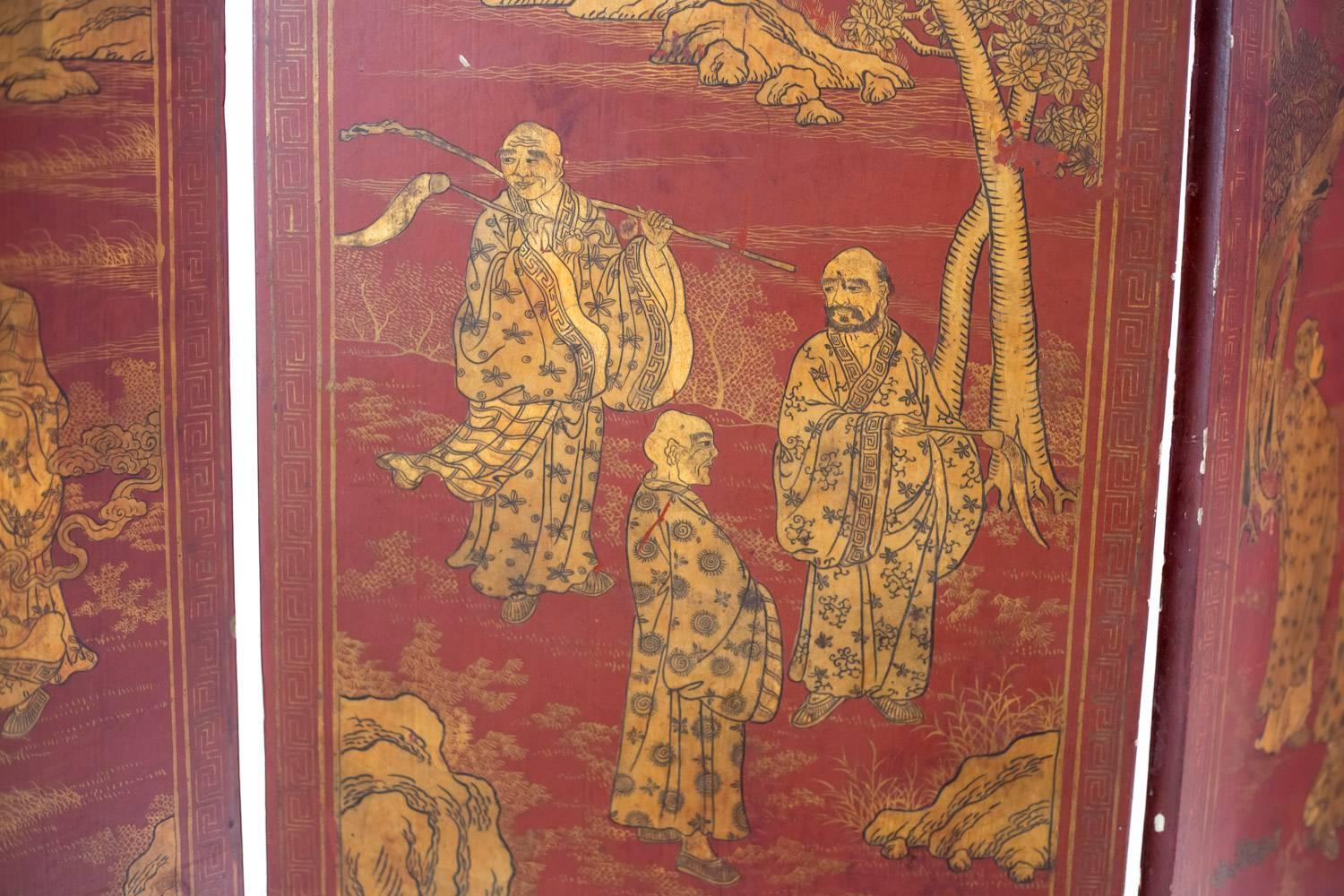 Red Japanese Lacquer Four-Panels Folding Screen, Meiji Period, 1868-1912 2