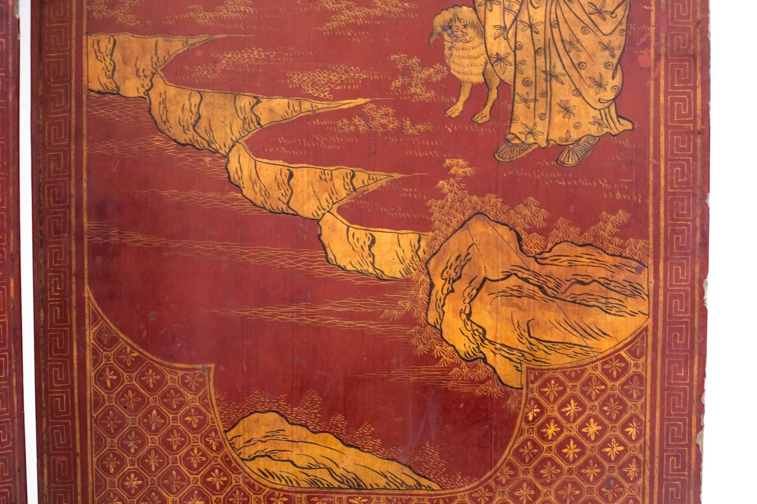 Red Japanese Lacquer Four-Panels Folding Screen, Meiji Period, 1868-1912 3