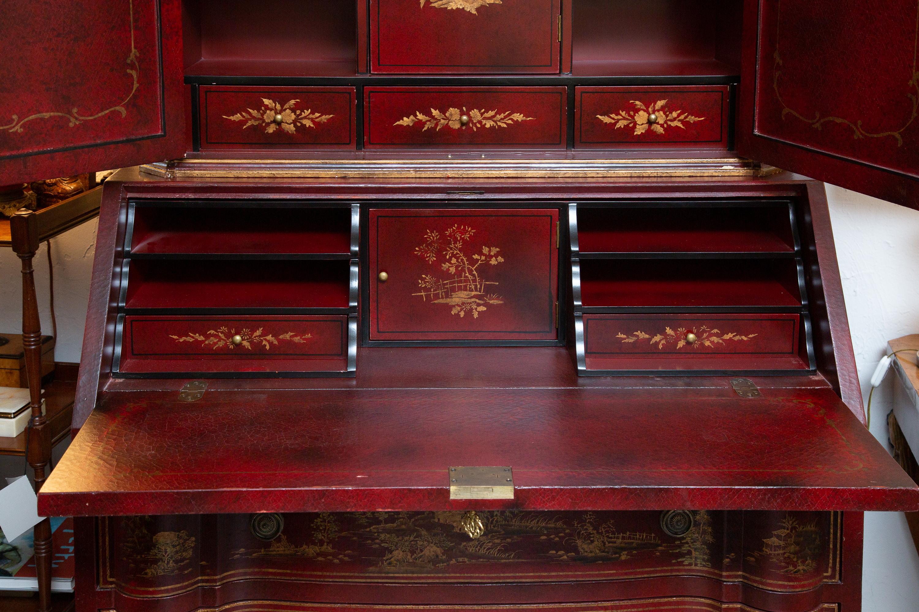 Red Japanned Bureau Bookcase In Good Condition For Sale In WEST PALM BEACH, FL