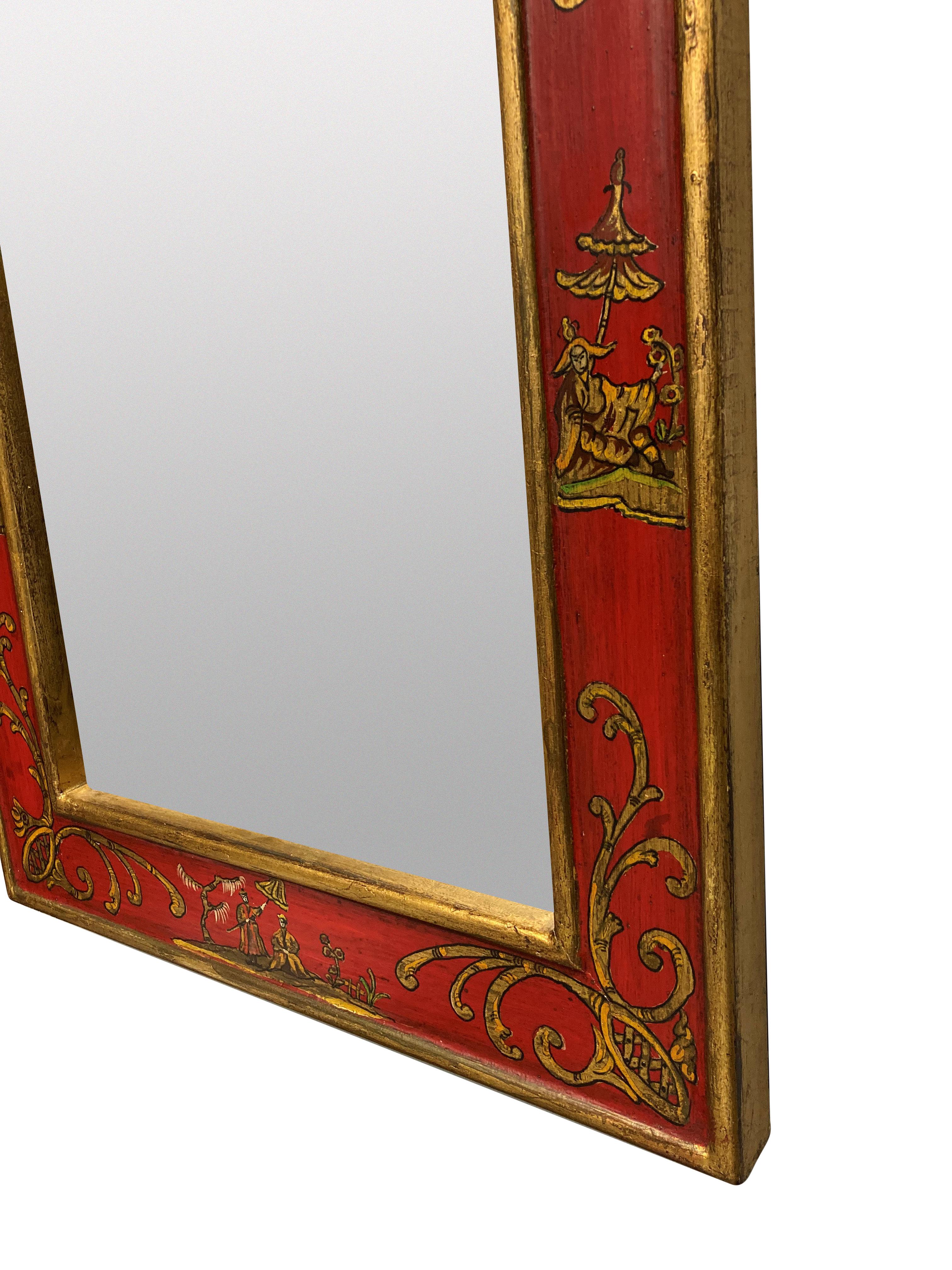 Specchio da toilette inglese in giappone rosso, dipinto a mano con decorazioni dorate.