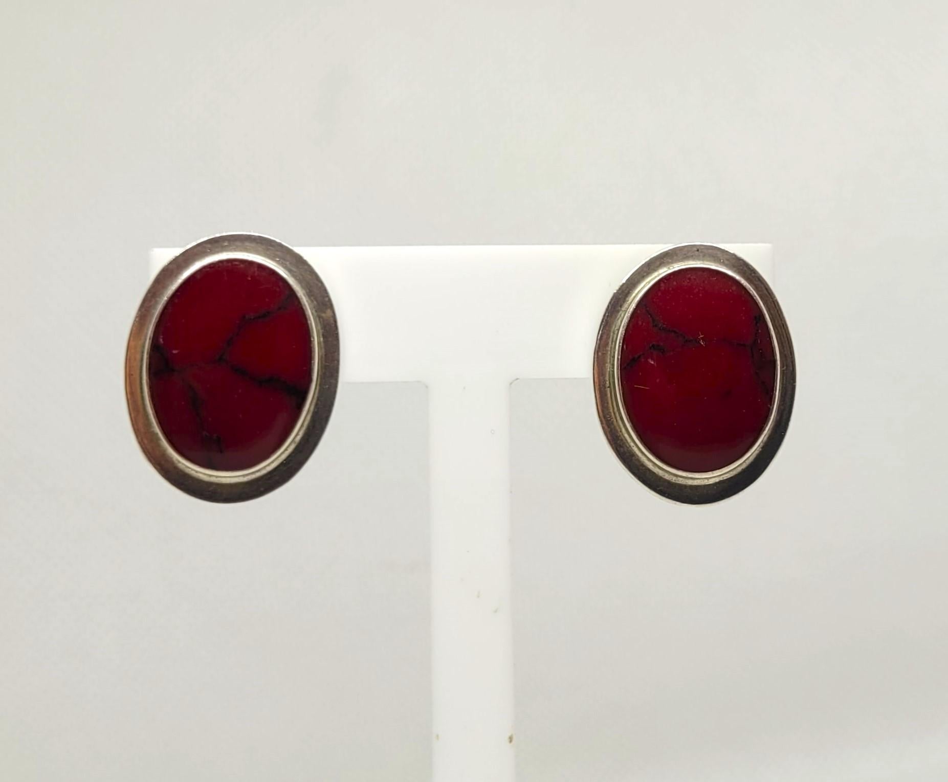 Women's Red Jasper 925 Silver Earrings, Friction Post, Oval Full Bezel, ATI Designer 11g